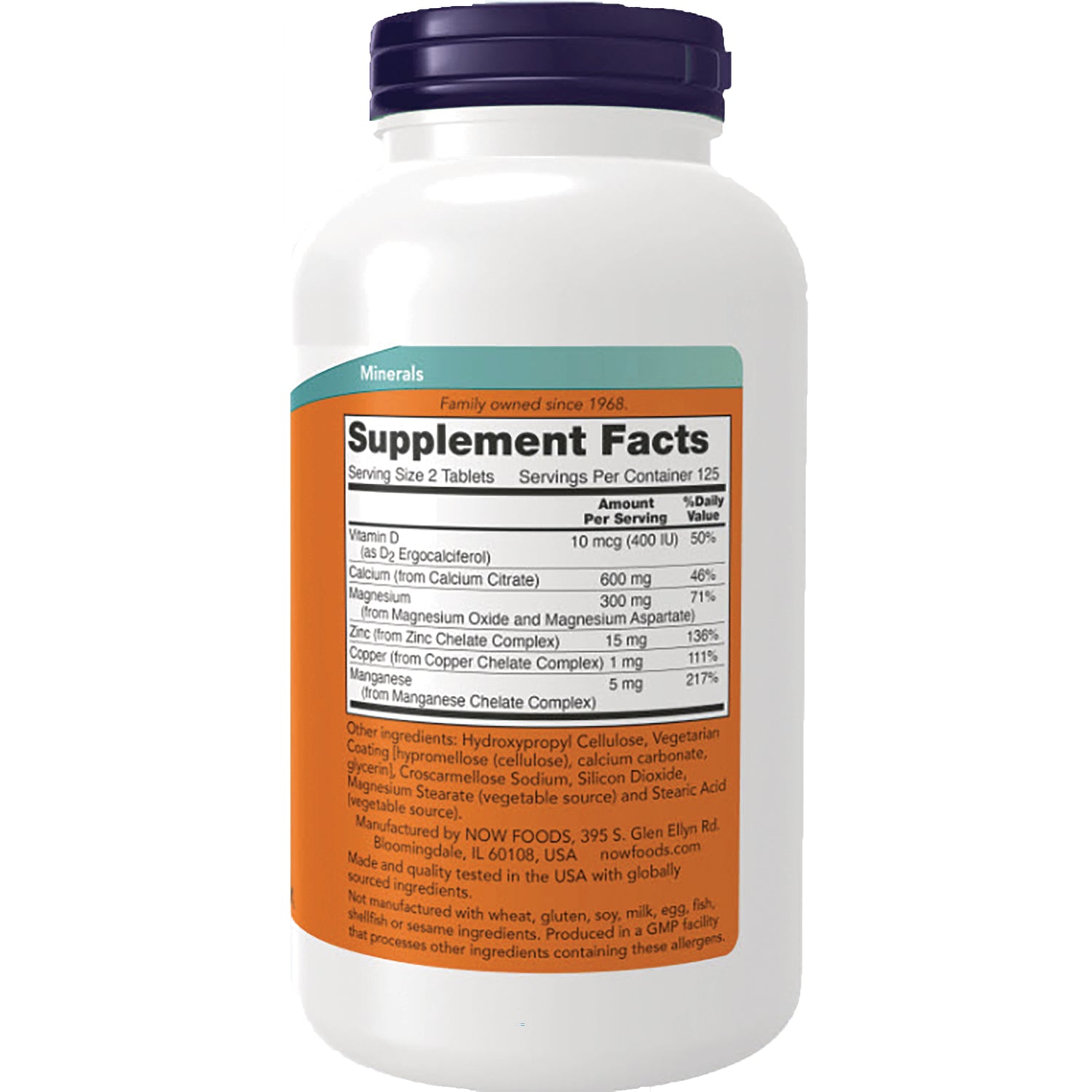 NWF032 | Back of white supplement bottle showing Supplement Facts panel and ingredients on orange label, purple cap