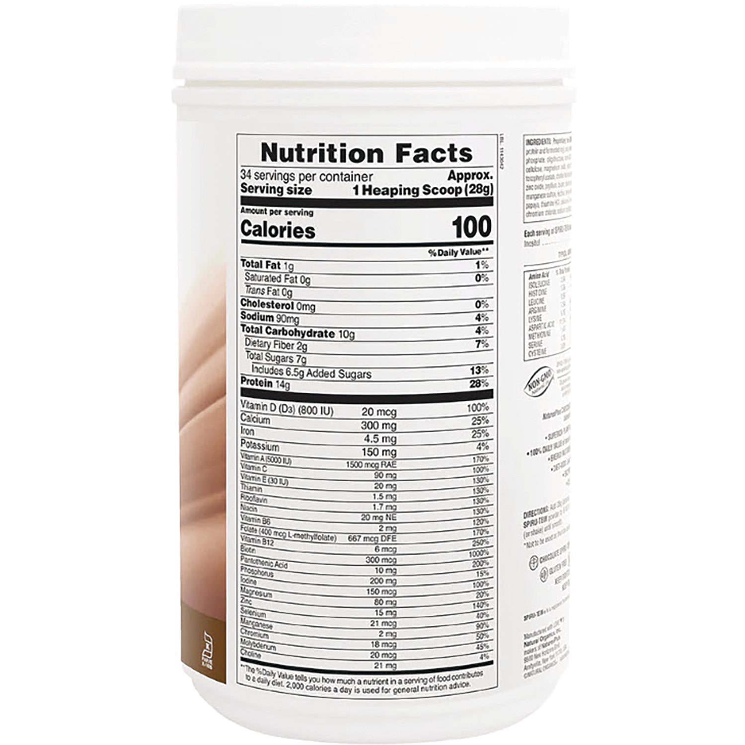 NTP084 | Nutrition Facts panel on back of white supplement container showing 100 calories and nutrient list