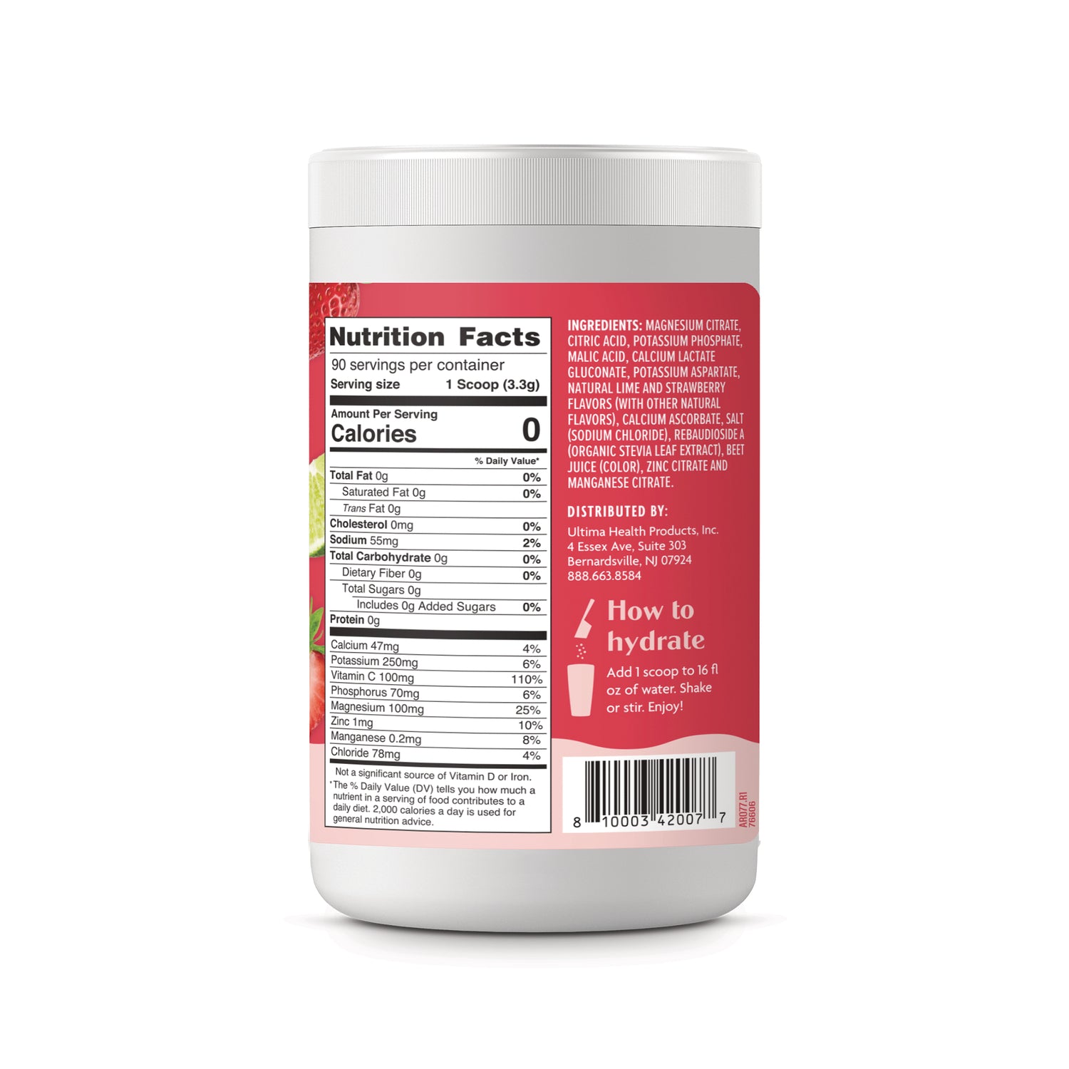 UHP034 | Back label with Nutrition Facts, ingredients, and How to hydrate directions