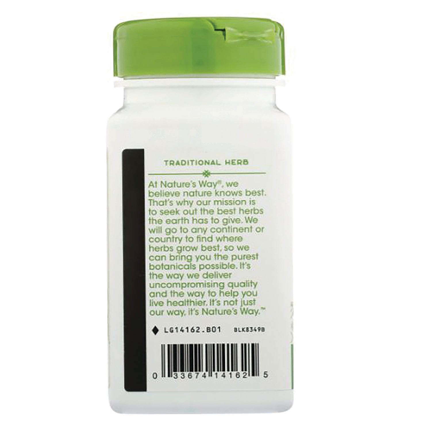 NW946 | back of white supplement bottle with green cap labeled TRADITIONAL HERB with product text and barcode