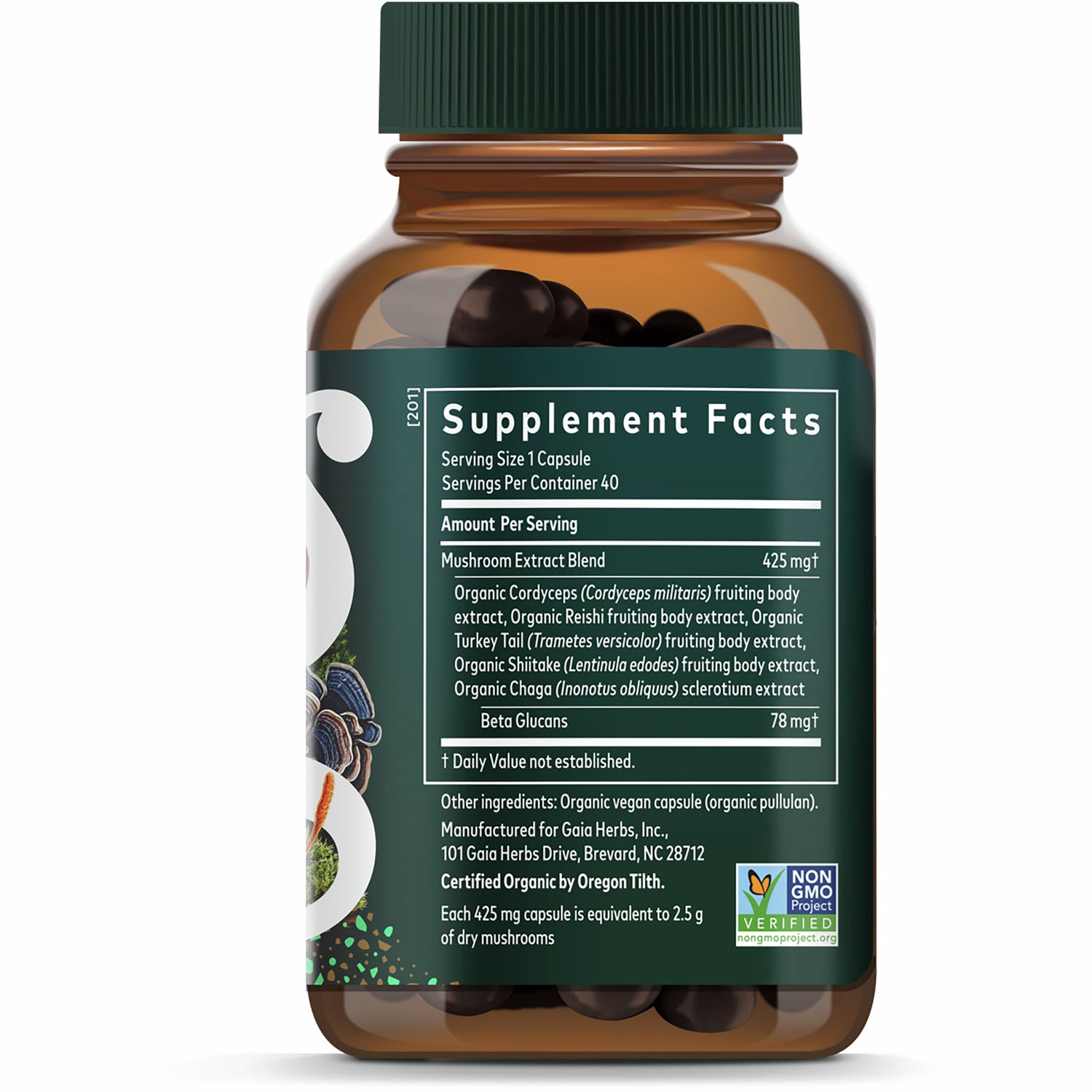 Supplement Facts and suggested use on back of dark green supplement box showing ingredients, serving size, and directions