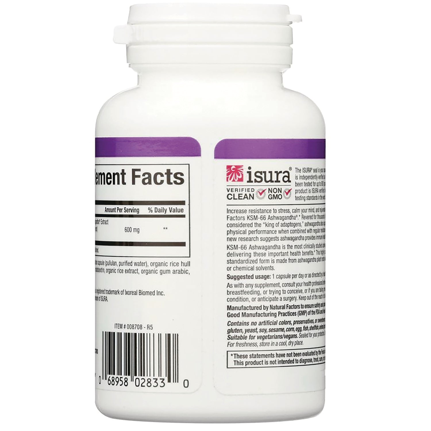 NFC155 | Back of white supplement bottle showing Supplement Facts panel, barcode, and isura certification text