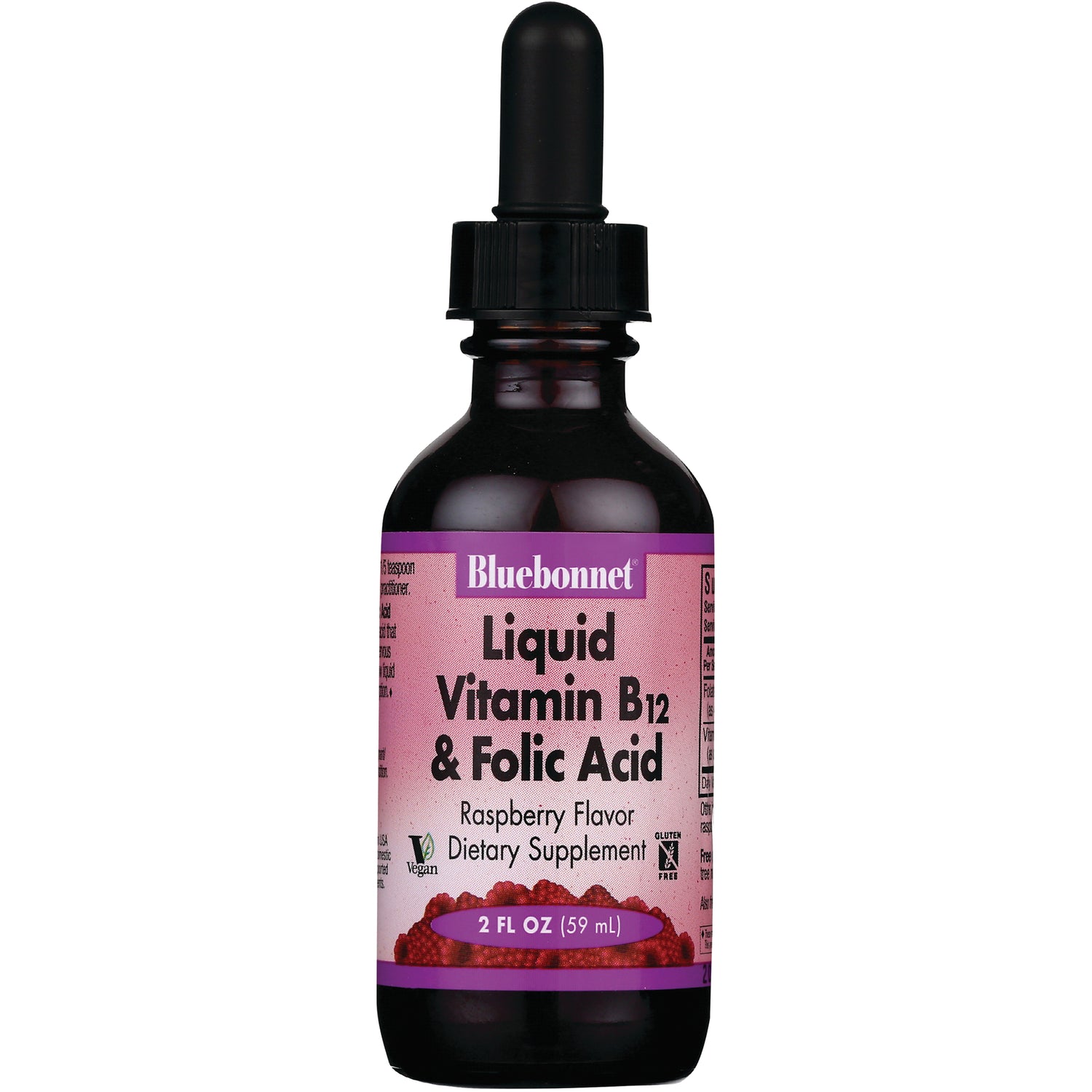 BLU088 | Bluebonnet Liquid Vitamin B12 & Folic Acid raspberry flavor dietary supplement 2 FL OZ (59 mL) dropper bottle