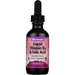 BLU088 | Bluebonnet Liquid Vitamin B12 & Folic Acid raspberry flavor dietary supplement 2 FL OZ (59 mL) dropper bottle