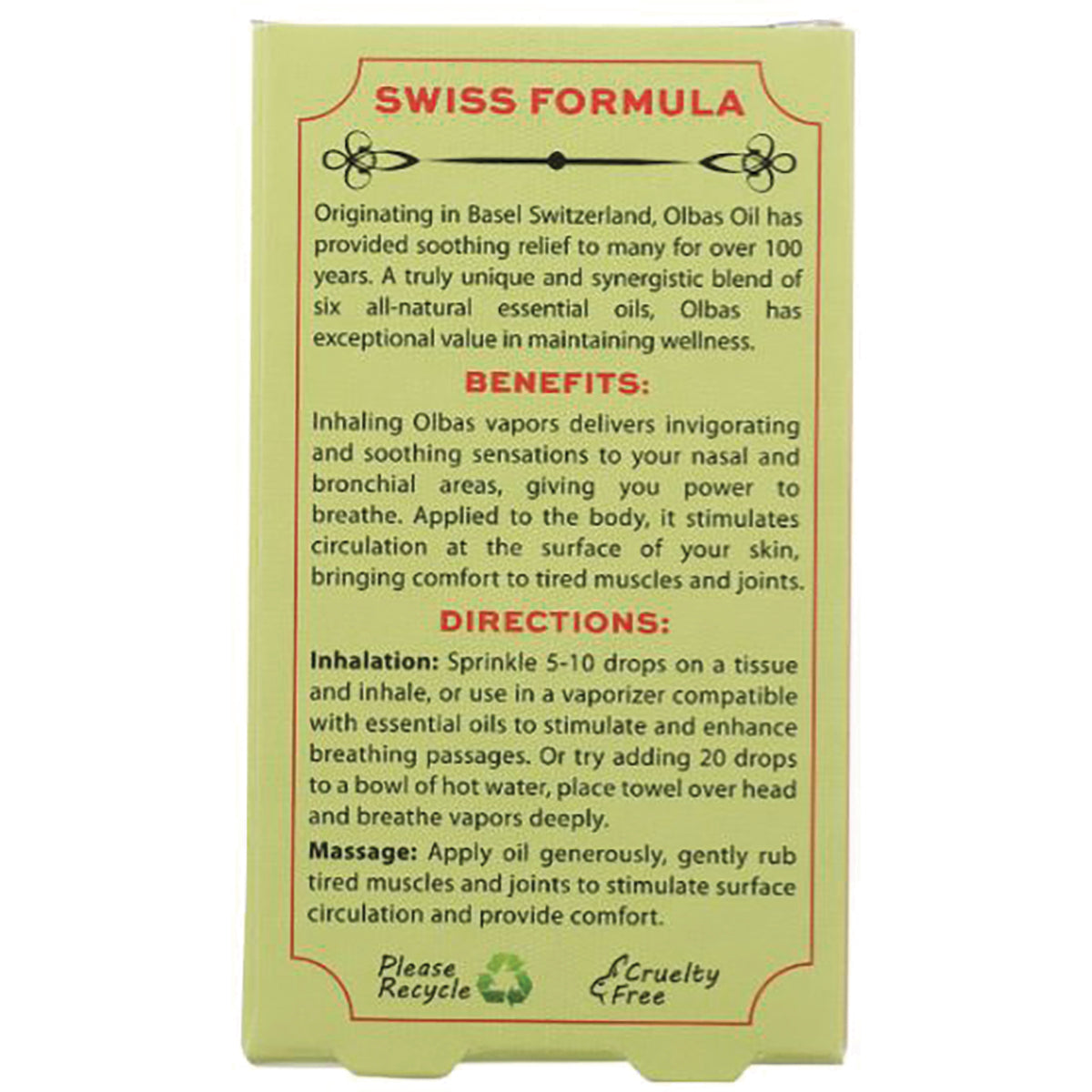 OLB005 | Back of green Olbas Oil box with SWISS FORMULA header, benefits and directions text