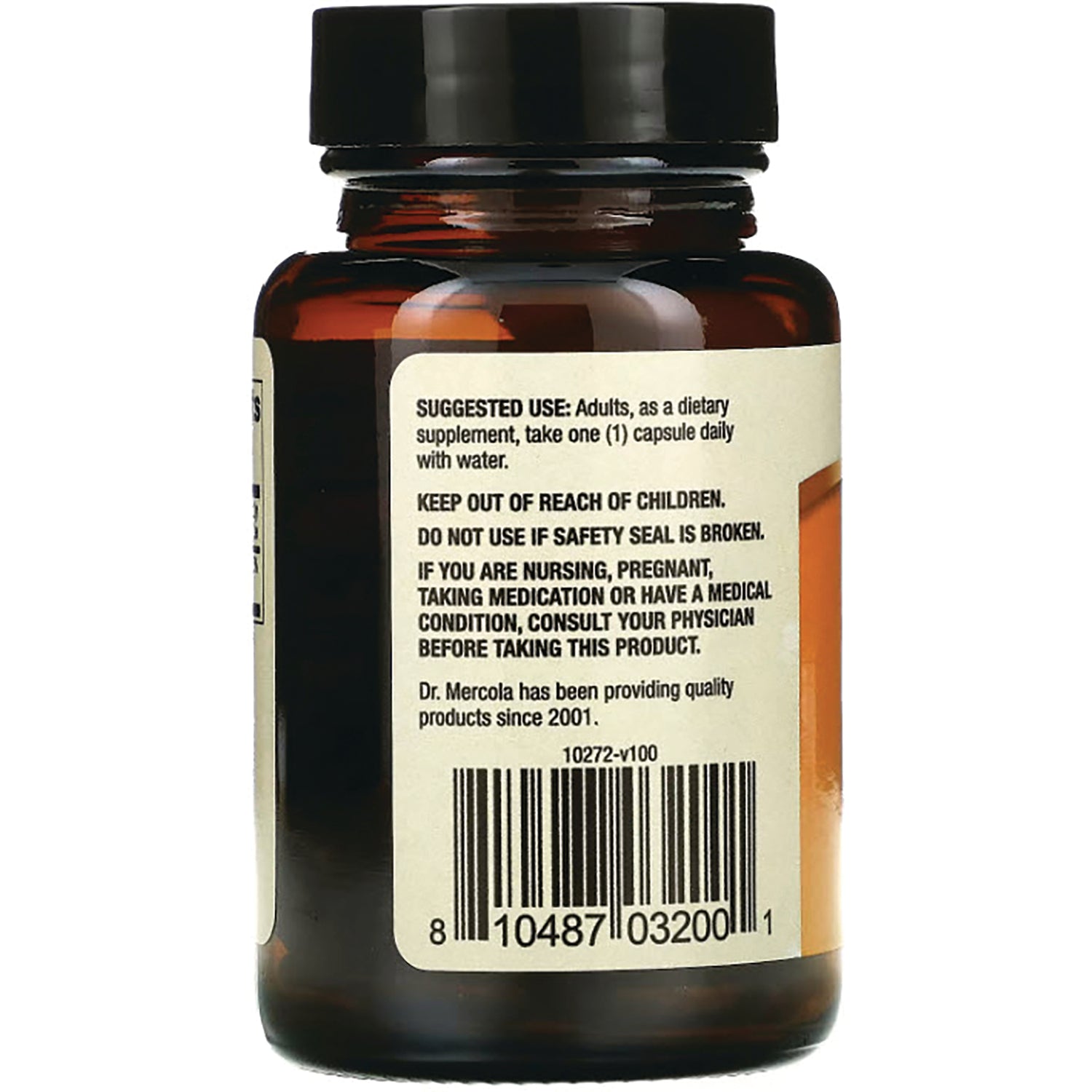 MRC110 | Back label of amber supplement bottle showing suggested use, safety warnings and barcode
