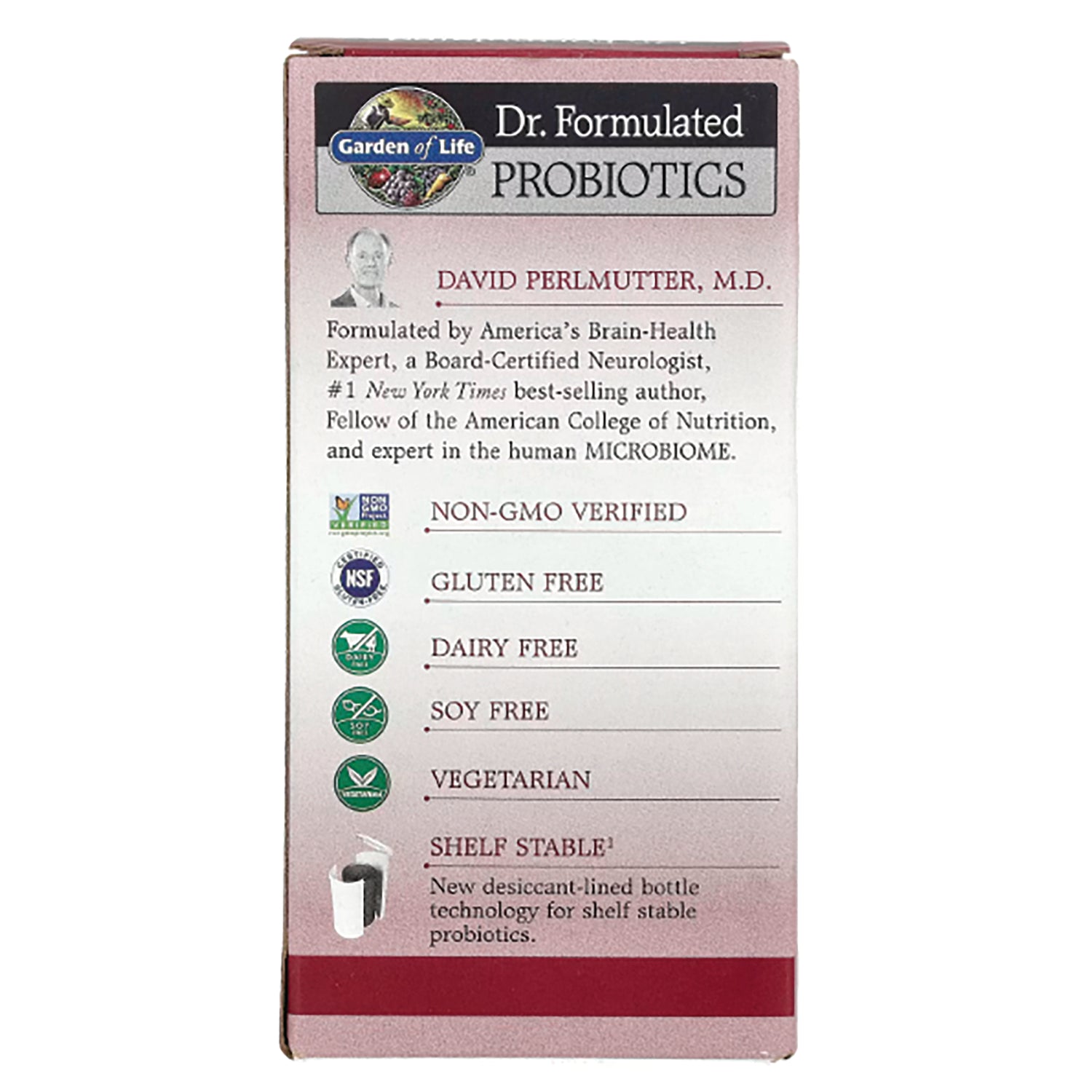 GLF221 | back panel of Garden of Life Dr. Formulated Probiotics listing Non-GMO verified, gluten free, dairy free, soy free, vegetarian, shelf stable
