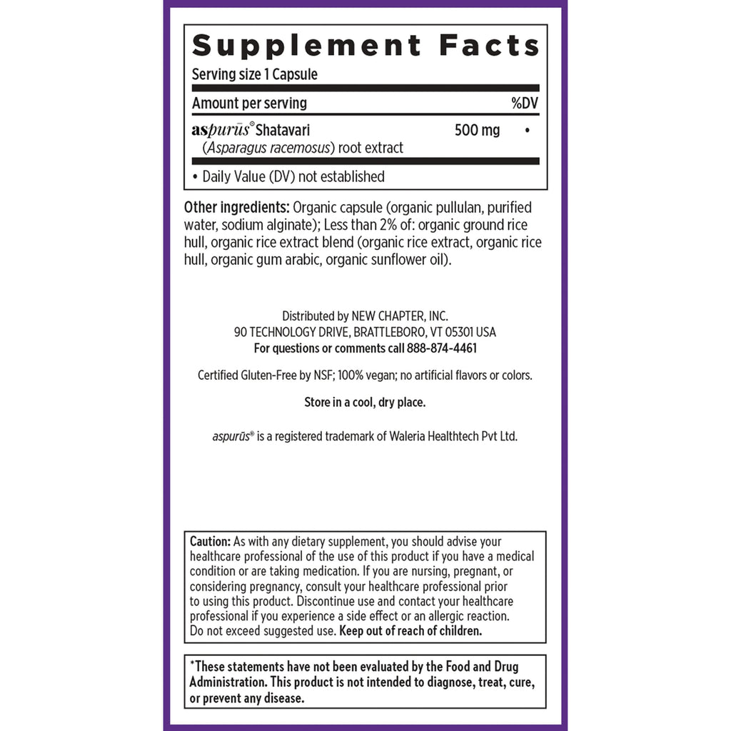 NWC398 | Supplement Facts panel for aspurus Shatavari capsules, 500 mg per serving, with ingredients and caution text - Thumbnail