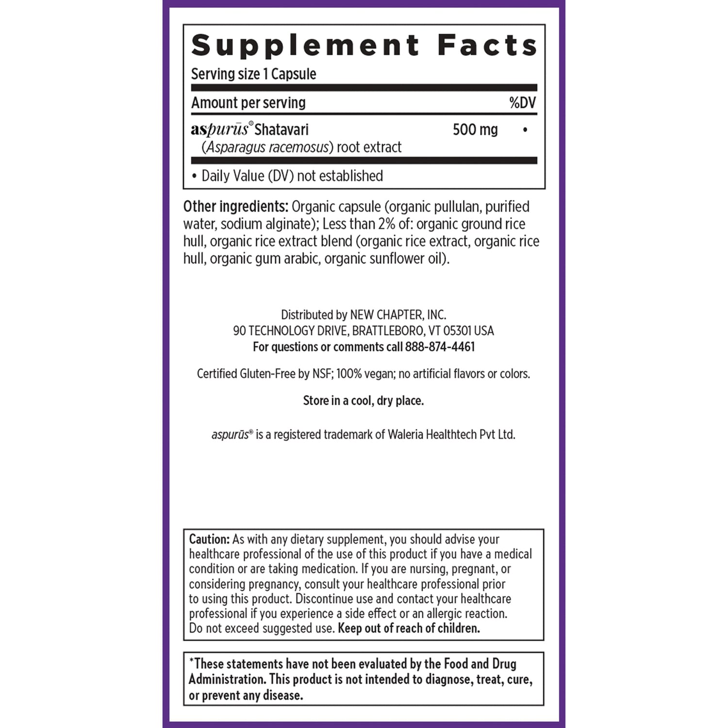 NWC398 | Supplement Facts panel for aspurus Shatavari capsules, 500 mg per serving, with ingredients and caution text