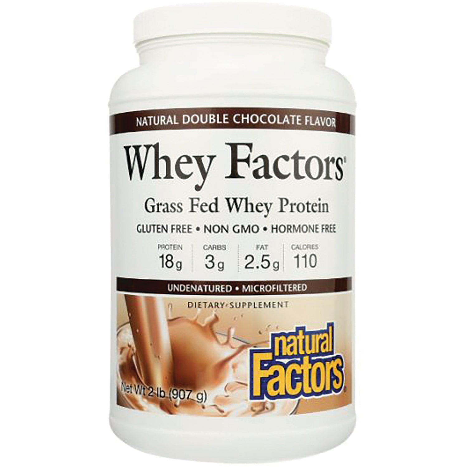 NFC110 | Whey Factors grass-fed whey protein 2 lb tub Natural Double Chocolate flavor front label