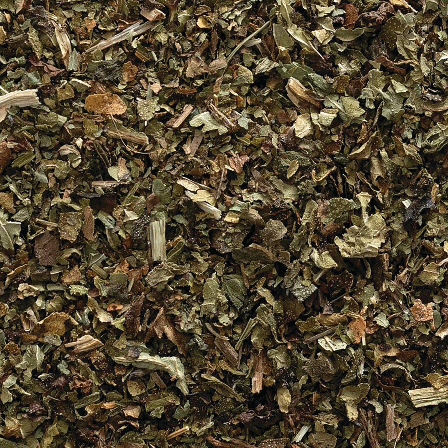 FNP065 | close-up of loose dried green herb flakes and small stems