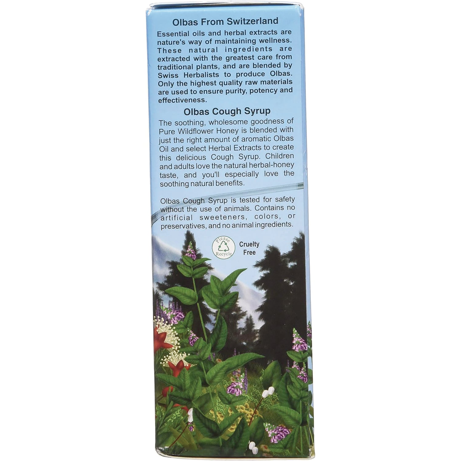 OLB003 | back of Olbas Cough Syrup box with product description text, cruelty free icon and floral illustration