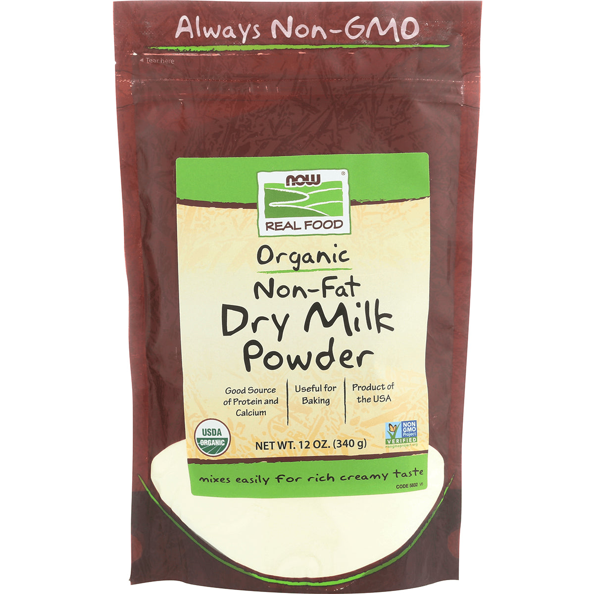 NWF1292 | NOW Real Food organic non-fat dry milk powder pouch, 12 oz, front packaging labeled Always Non-GMO and USDA Organic