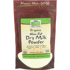 NWF1292 | NOW Real Food organic non-fat dry milk powder pouch, 12 oz, front packaging labeled Always Non-GMO and USDA Organic