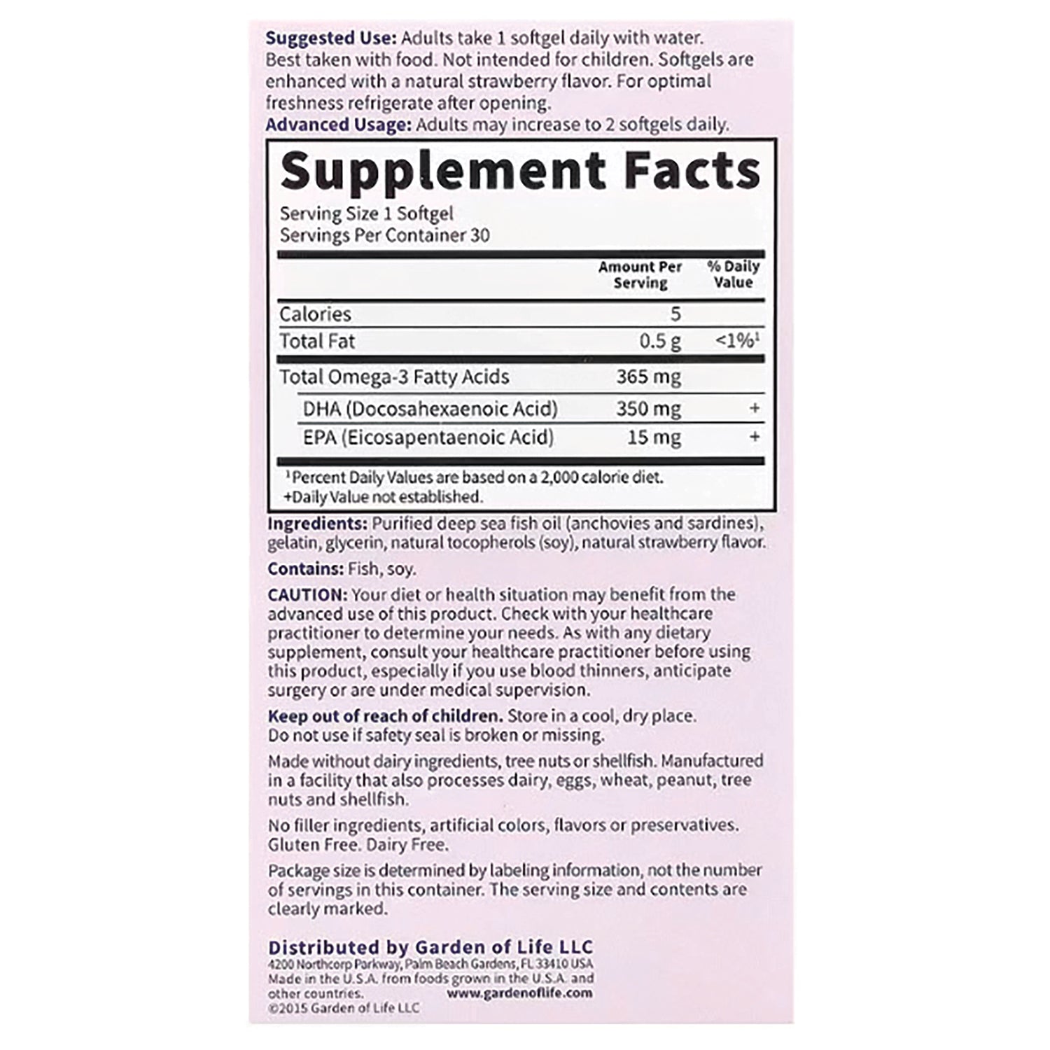 Supplement Facts label showing serving size 1 softgel, Total Omega-3 365 mg (DHA 350 mg, EPA 15 mg), ingredients and cautions
