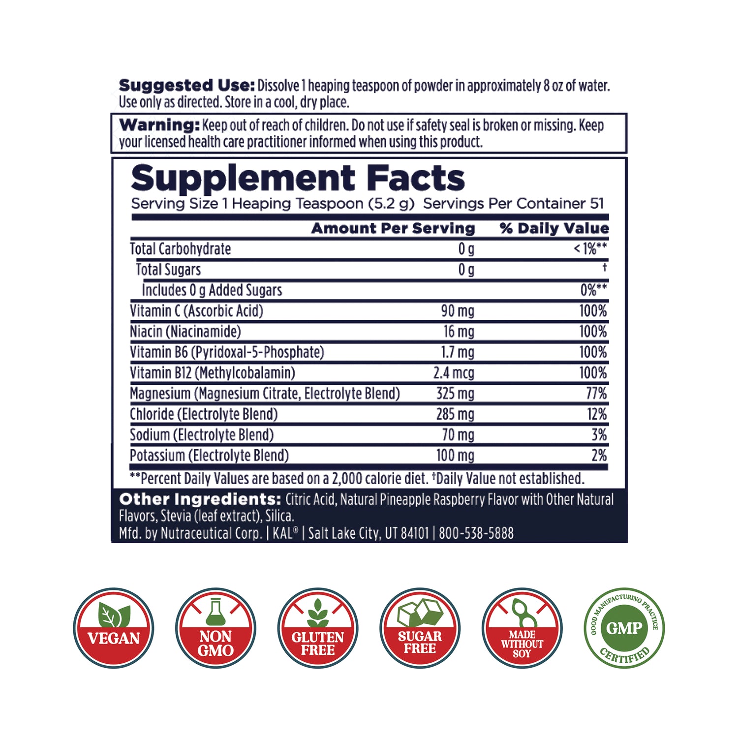 KL589 | supplement facts and ingredient list on product back with vegan, non GMO, gluten free, sugar free, made without soy, GMP icons