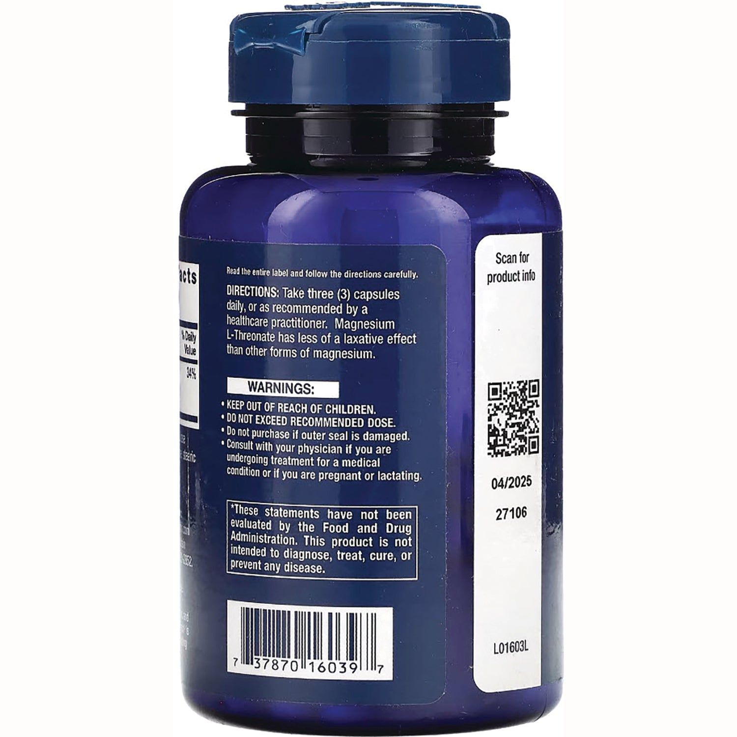 LE182 | Back label showing directions, warnings, barcode and QR code on blue supplement bottle