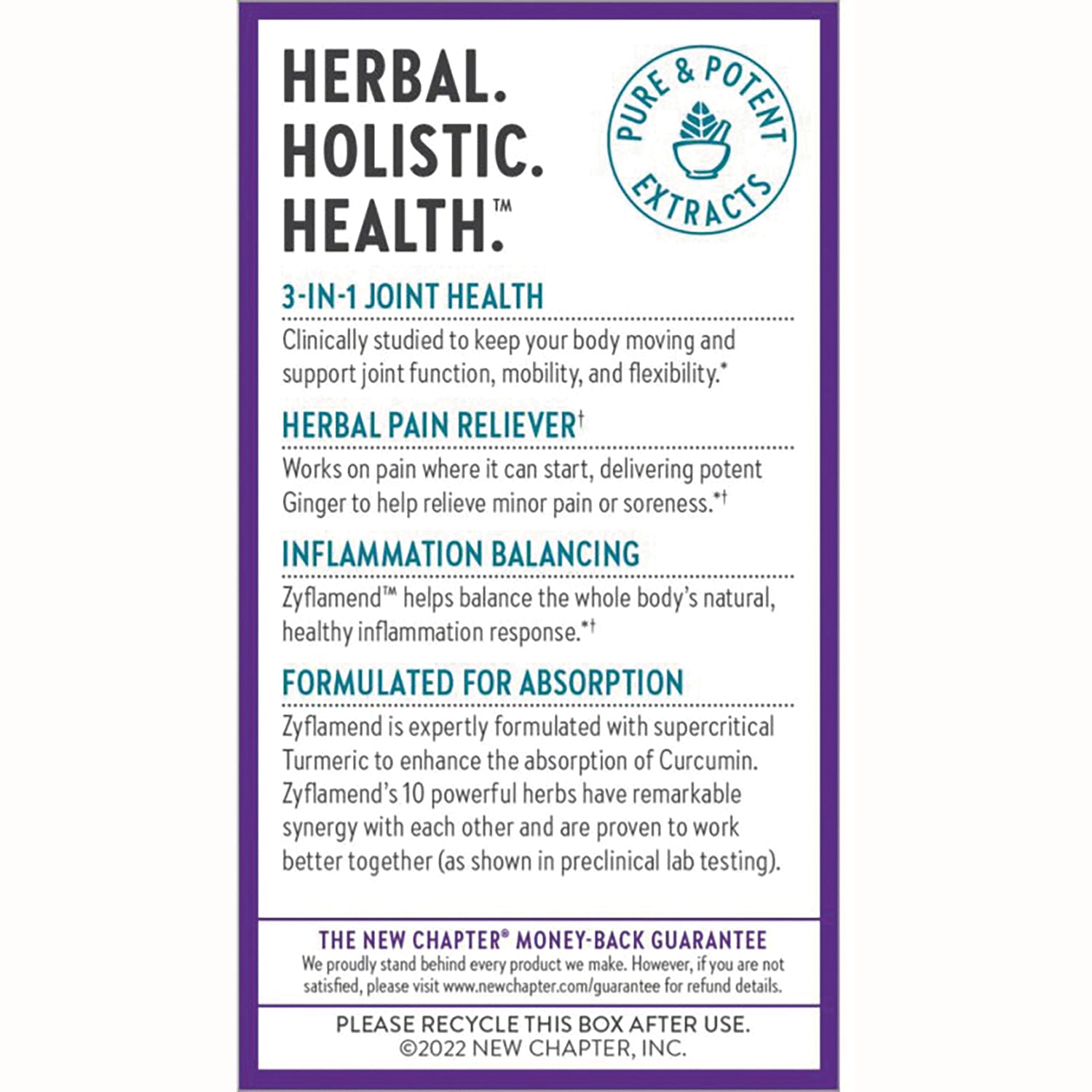 NWC278 | Product infographic panel listing 3-in-1 joint health, herbal pain reliever, inflammation balancing, formulated for absorption