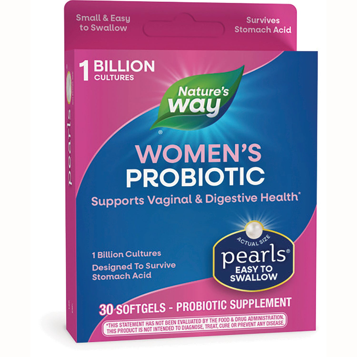 ET395 | Nature's Way Women's Probiotic packaging, pearls easy to swallow, supports vaginal and digestive health, 30 softgels