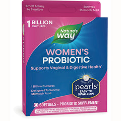 ET395 | Nature's Way Women's Probiotic packaging, pearls easy to swallow, supports vaginal and digestive health, 30 softgels
