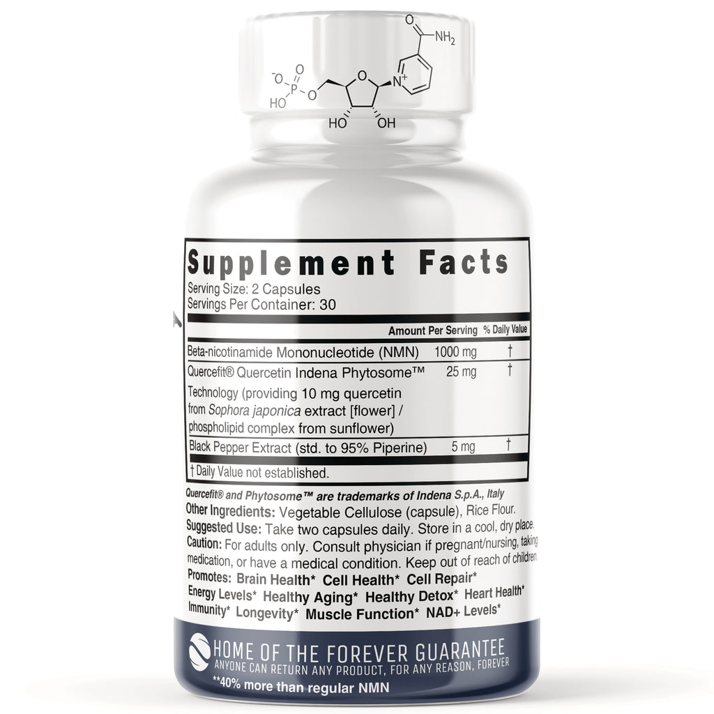 NFU009 | Back label showing Supplement Facts with NMN 1000 mg, serving size 2 capsules, and ingredient list on white bottle - Thumbnail