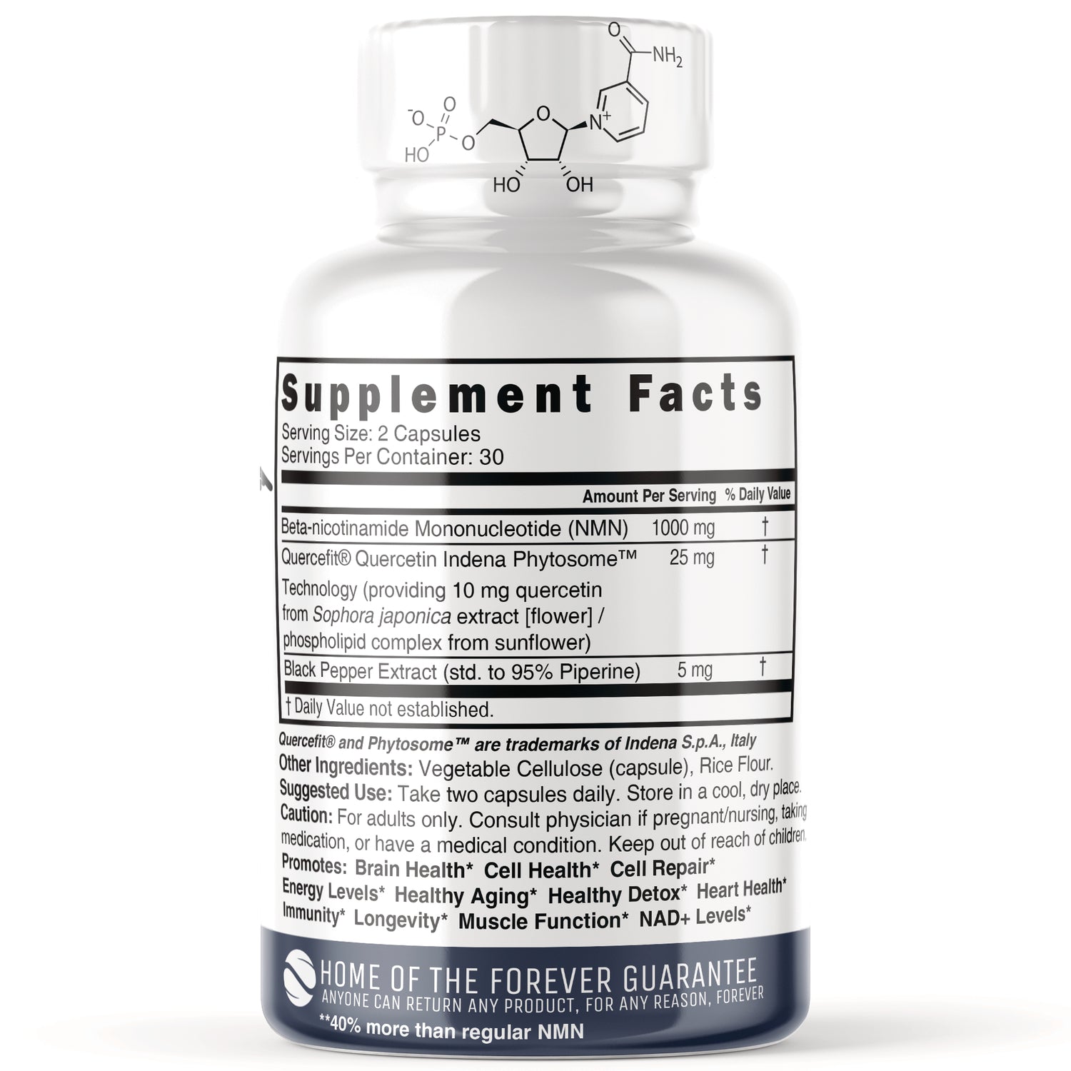 NFU009 | Back label showing Supplement Facts with NMN 1000 mg, serving size 2 capsules, and ingredient list on white bottle