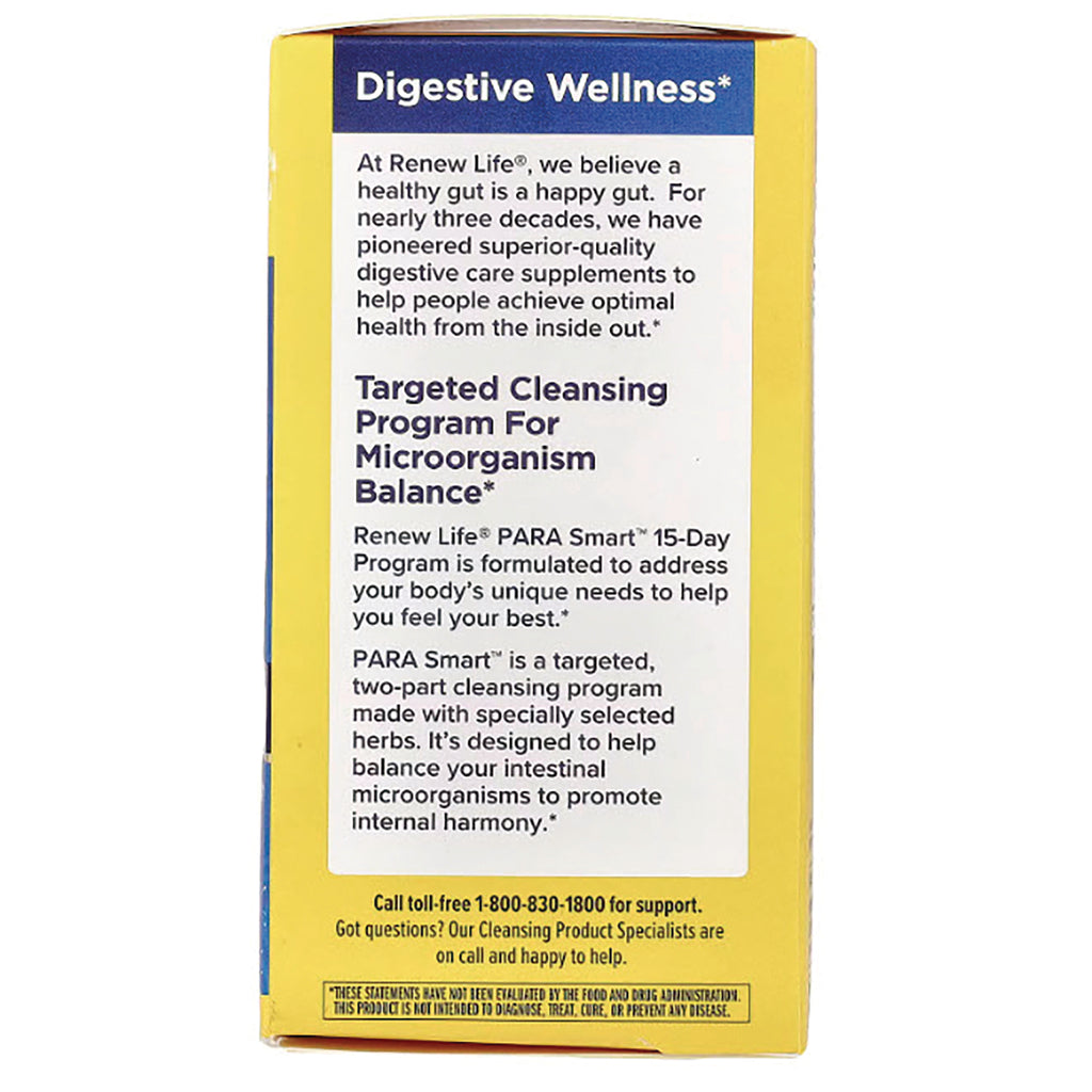 RNL035 | back panel of yellow Renew Life PARA Smart box showing Digestive Wellness header and program description - Thumbnail