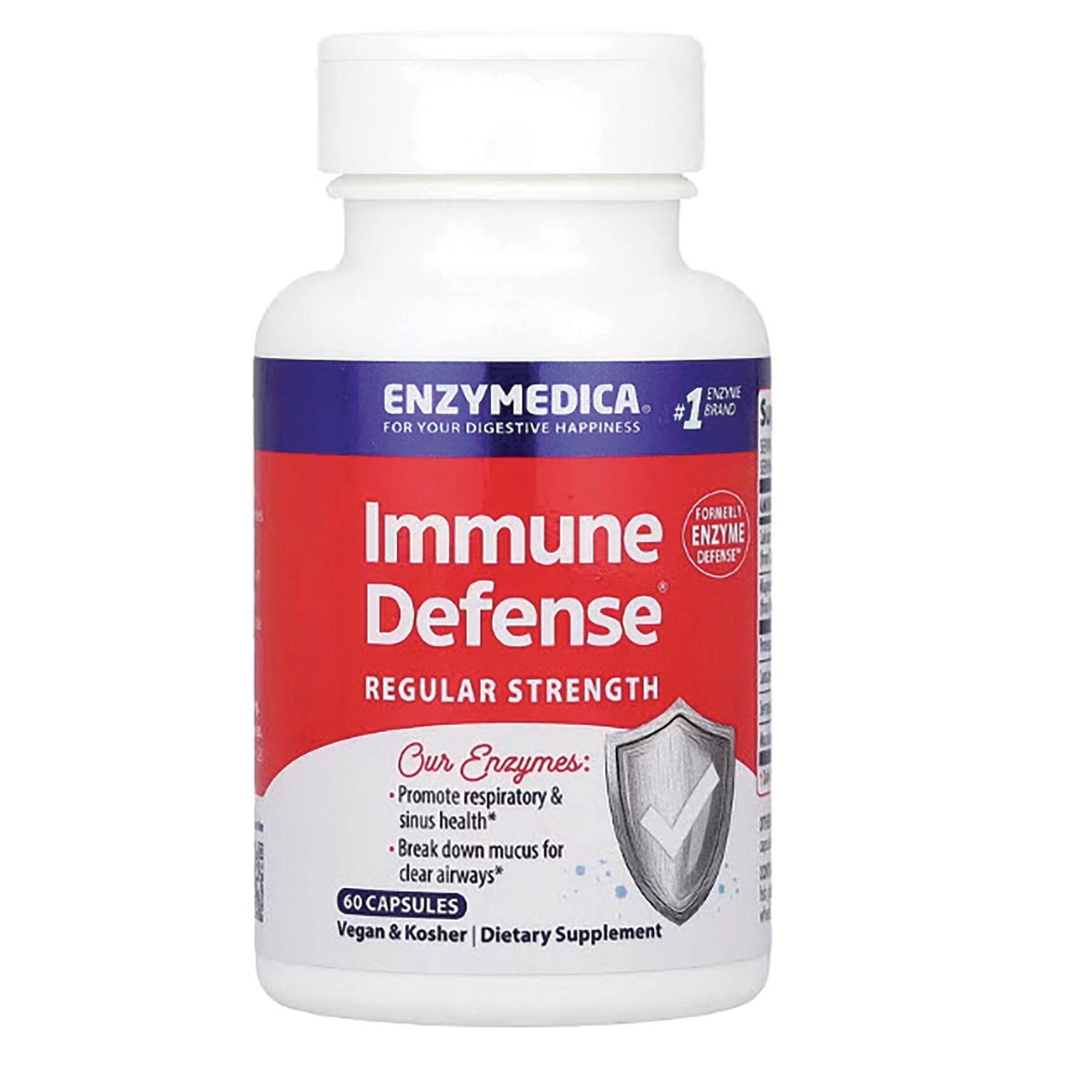 EMD026 | Enzymedica Immune Defense regular strength supplement bottle front label showing 60 capsules vegan & kosher