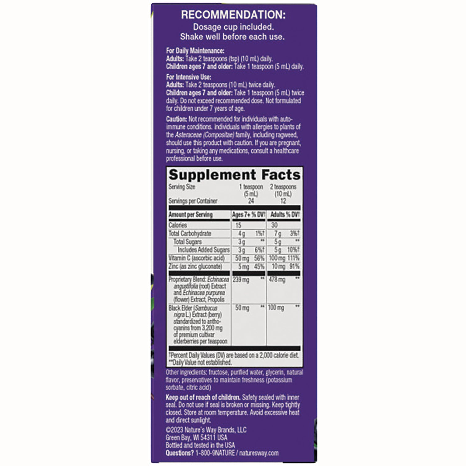 NW665 | Purple product back showing dosage recommendations and Supplement Facts panel with ingredients and cautions