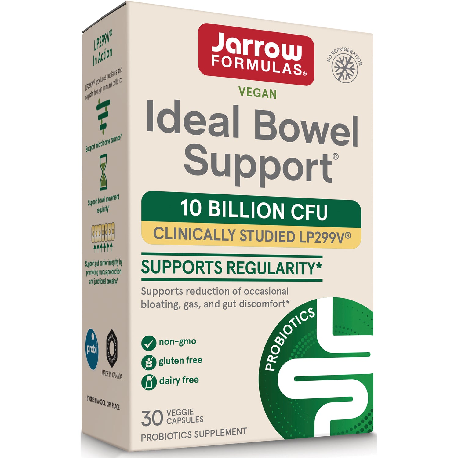 JR130 | Jarrow Formulas Ideal Bowel Support box, 10 billion CFU probiotic, 30 veggie capsules, vegan front packaging