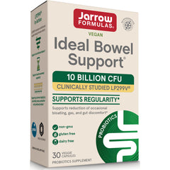 JR130 | Jarrow Formulas Ideal Bowel Support box, 10 billion CFU probiotic, 30 veggie capsules, vegan front packaging