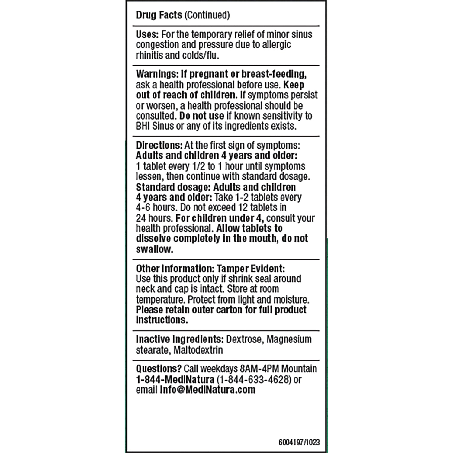 MNA031 | back panel of BHI Sinus tablet box showing drug facts, directions, warnings, and inactive ingredients