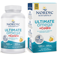 NRN096 | Nordic Naturals Ultimate Omega +CoQ10 lemon flavor bottle and box, 120 soft gels