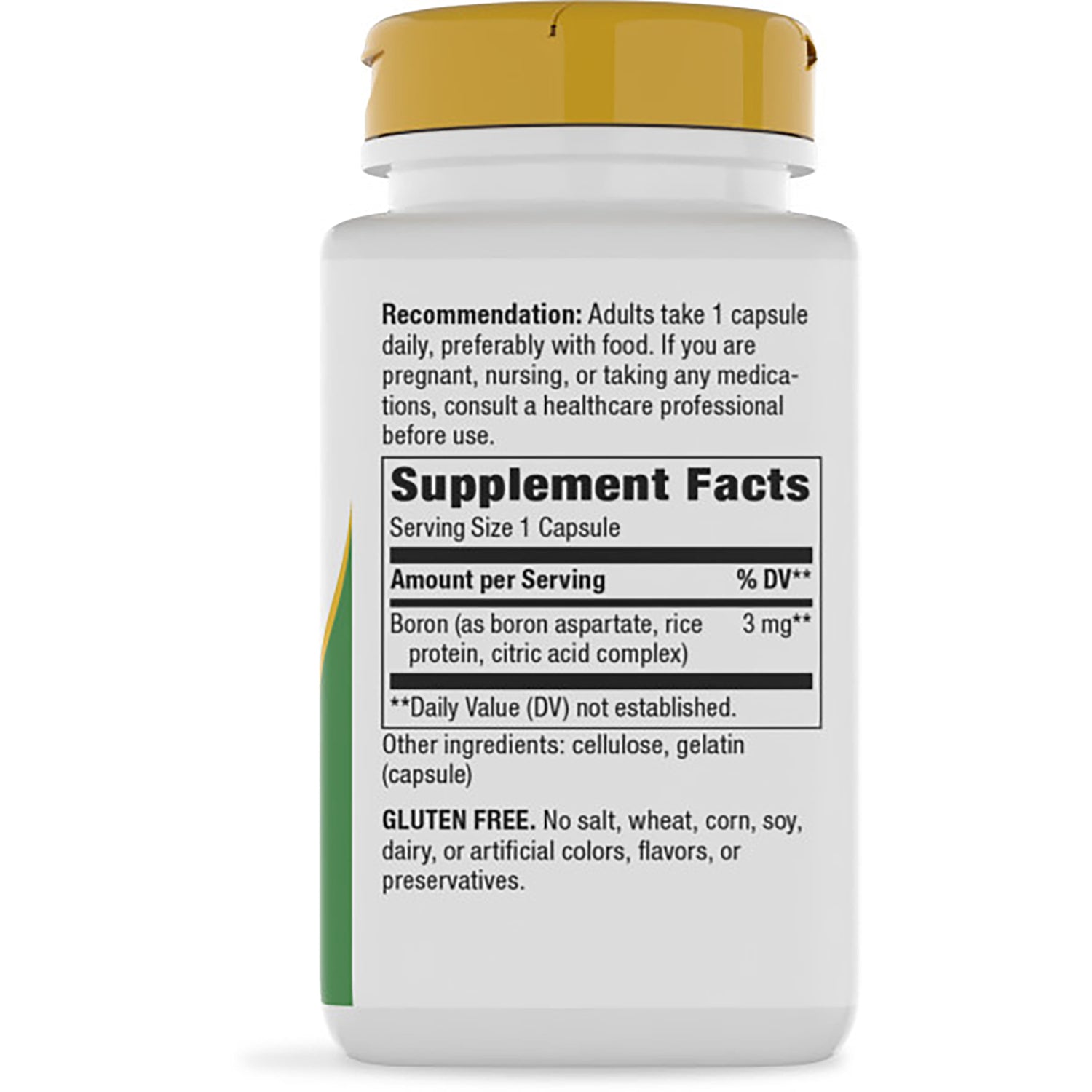 NW860 | Back of brown supplement bottle showing Supplement Facts panel, dosage recommendation, and gluten free note