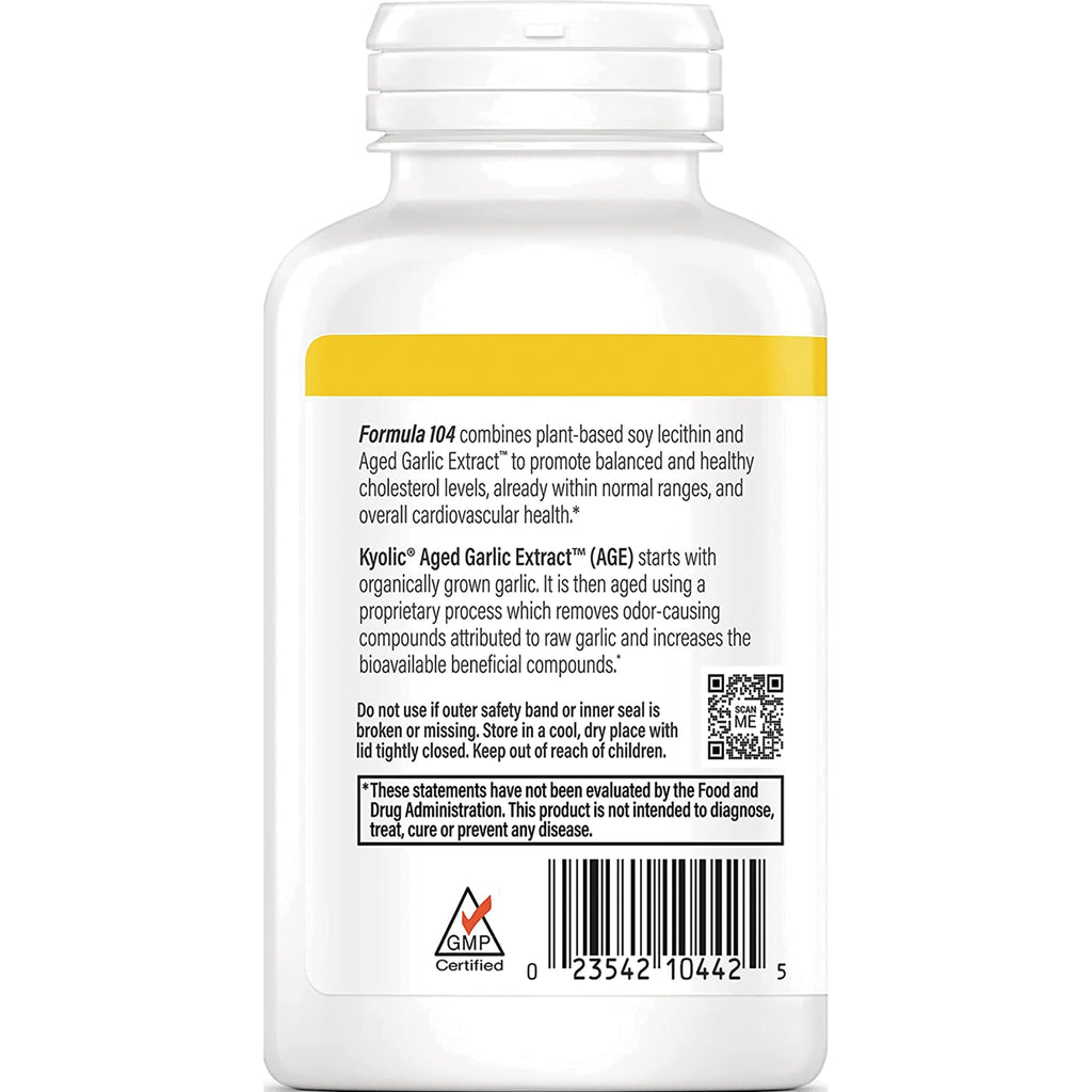 KY024 | Back label of white supplement bottle showing Kyolic Aged Garlic Extract description, warnings, and barcode - Thumbnail