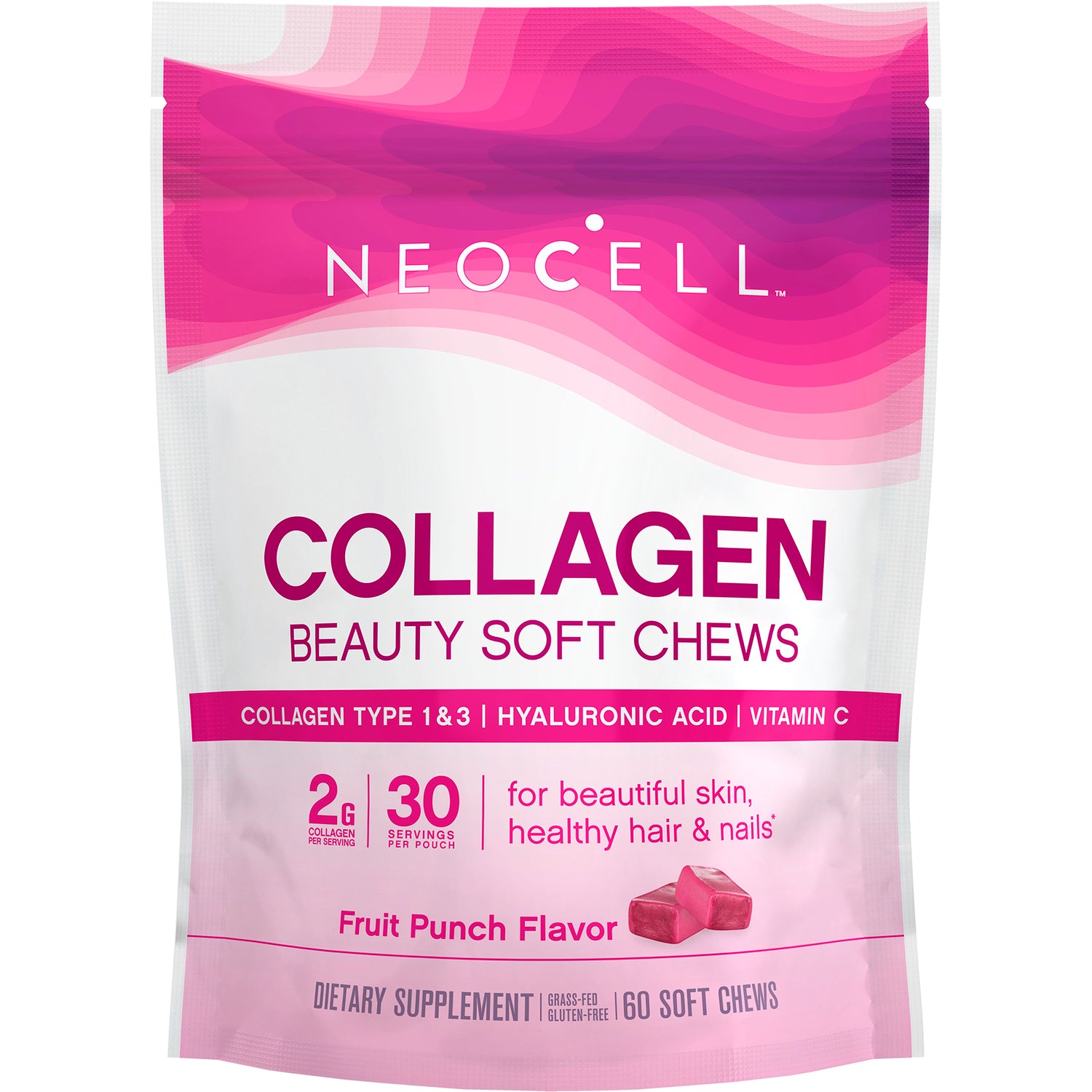 NEC019 | Neocell Collagen Beauty Soft Chews pouch, fruit punch flavor, front packaging showing product name and serving info