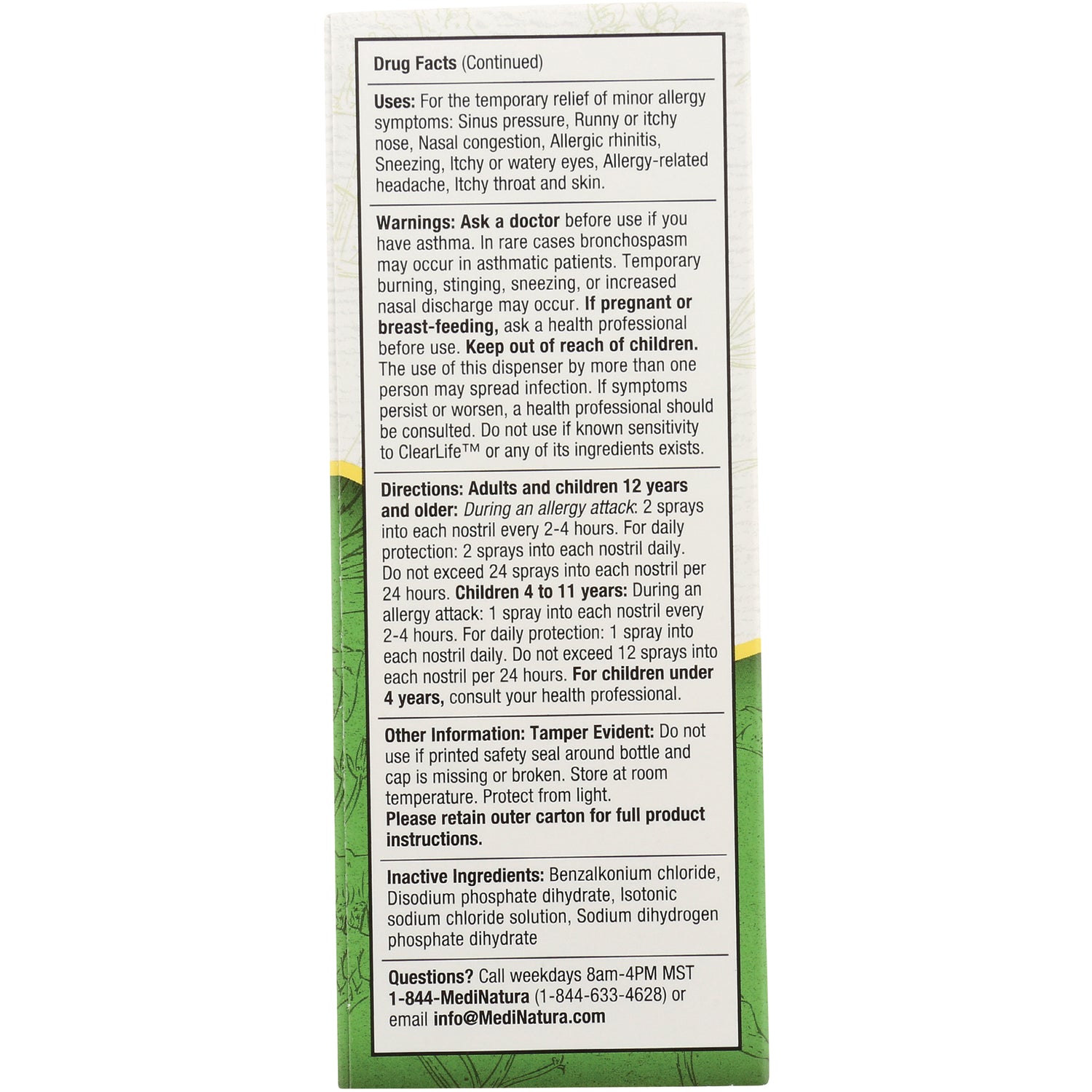 MNA037 | back panel showing drug facts, warnings, directions, and inactive ingredients text