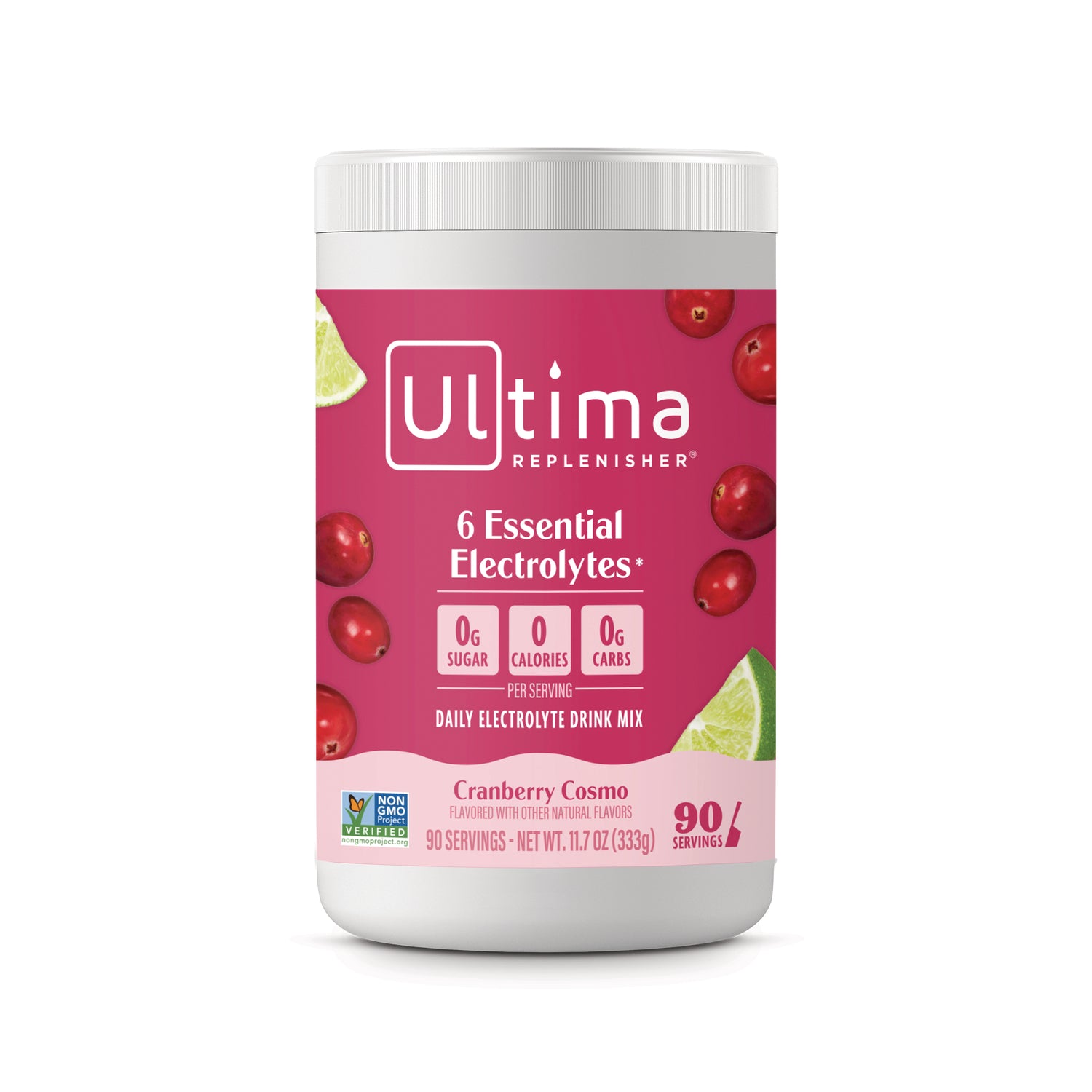 UHP033 | Ultima Replenisher Electrolyte Drink Mix, Cranberry Cosmo, front label with 0g sugar, 0 calories, 0g carbs