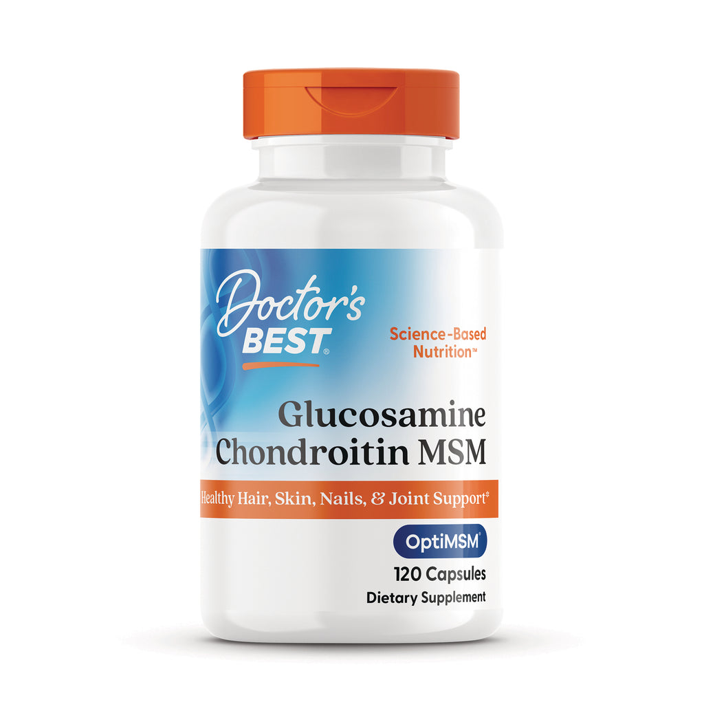 DB155 | Doctor's Best Glucosamine Chondroitin MSM 120 capsules dietary supplement bottle with orange cap labeled OptiMSM - Thumbnail