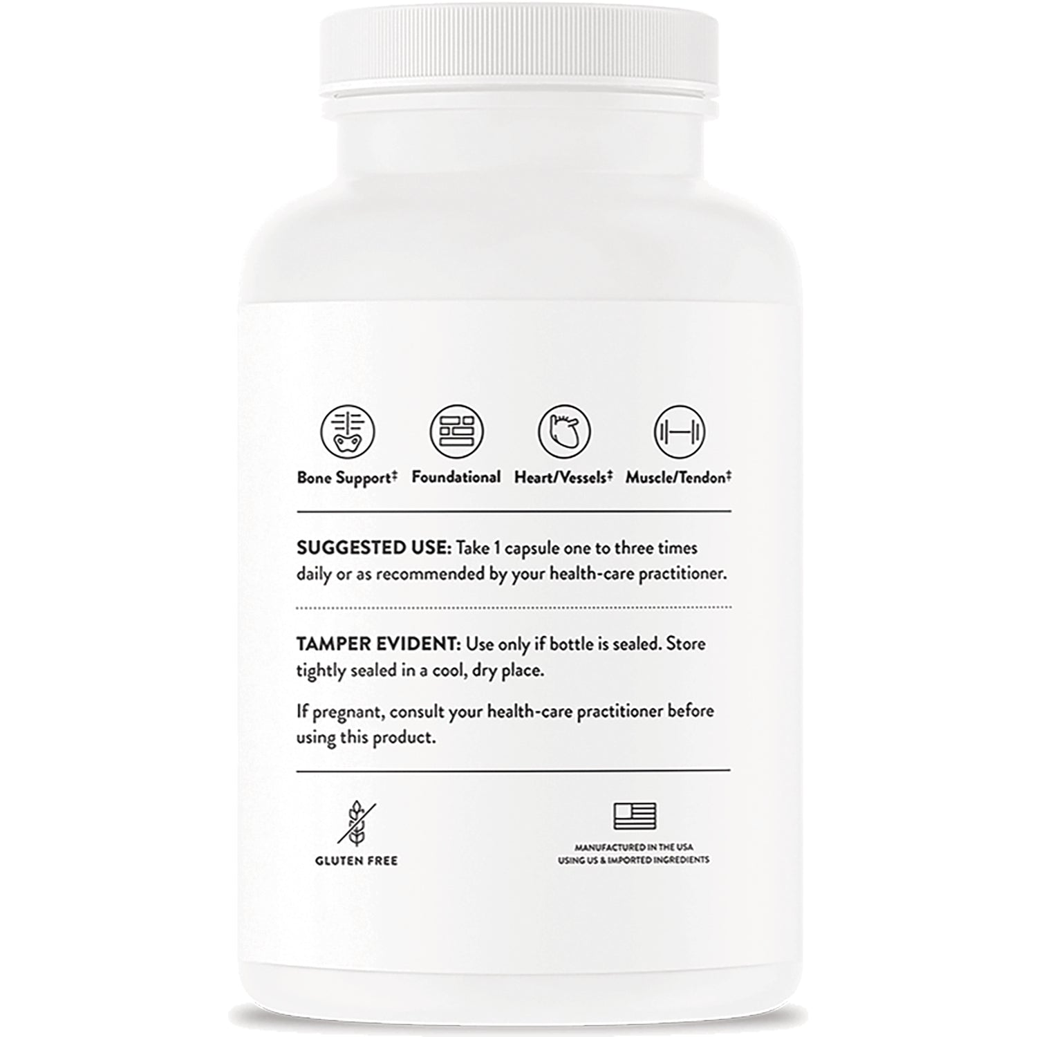 TRN011 | Back label showing icons Bone Support, Foundational, Heart/Vessels, Muscle/Tendon, plus Suggested Use and Gluten Free