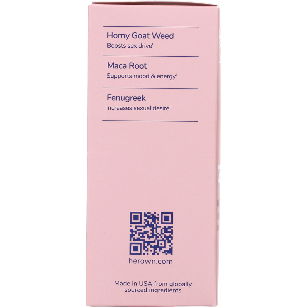 HO002 | pink product side panel listing Horny Goat Weed, Maca Root, Fenugreek with QR code and herown.com - Thumbnail
