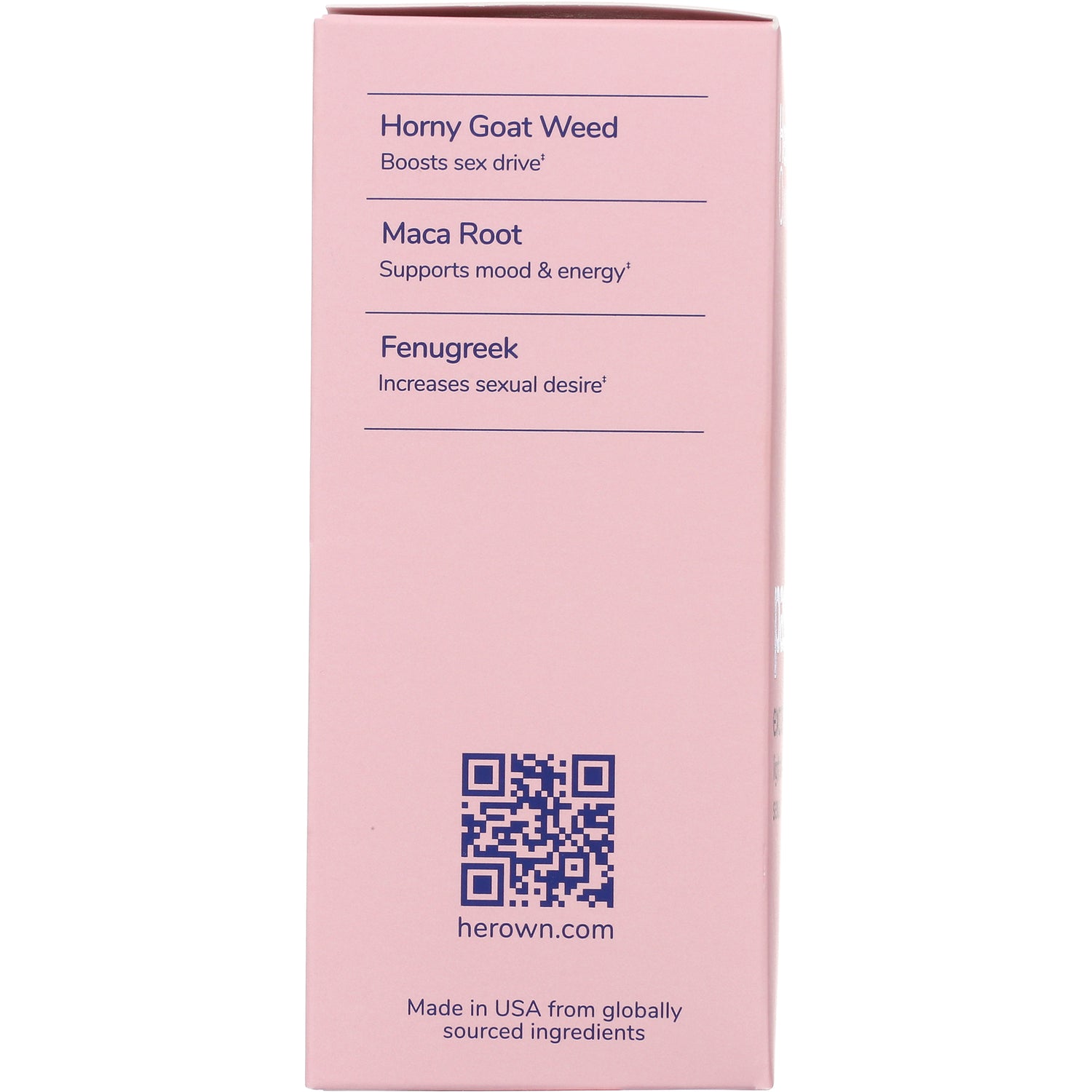 HO002 | pink product side panel listing Horny Goat Weed, Maca Root, Fenugreek with QR code and herown.com