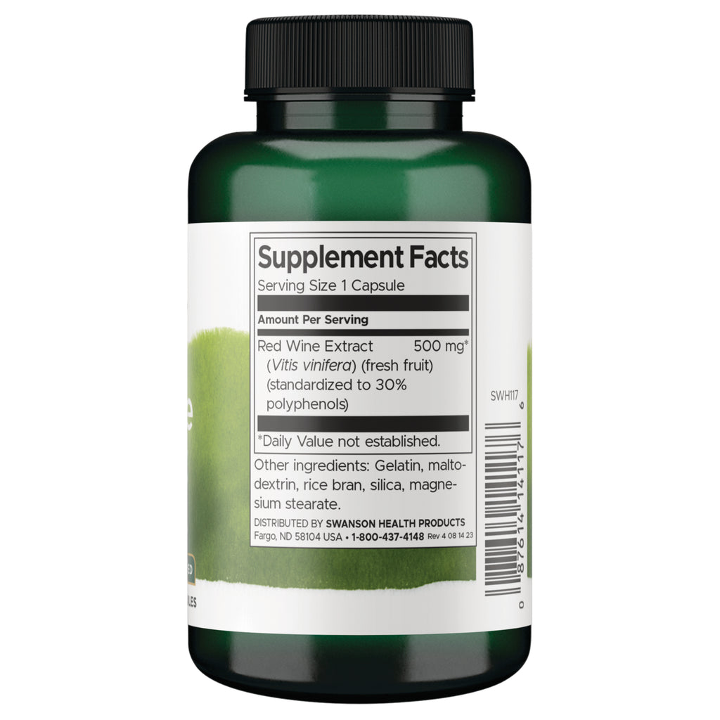SWH117 | Back label with Supplement Facts for Red Wine Extract 500 mg capsule; ingredients and barcode visible - Thumbnail