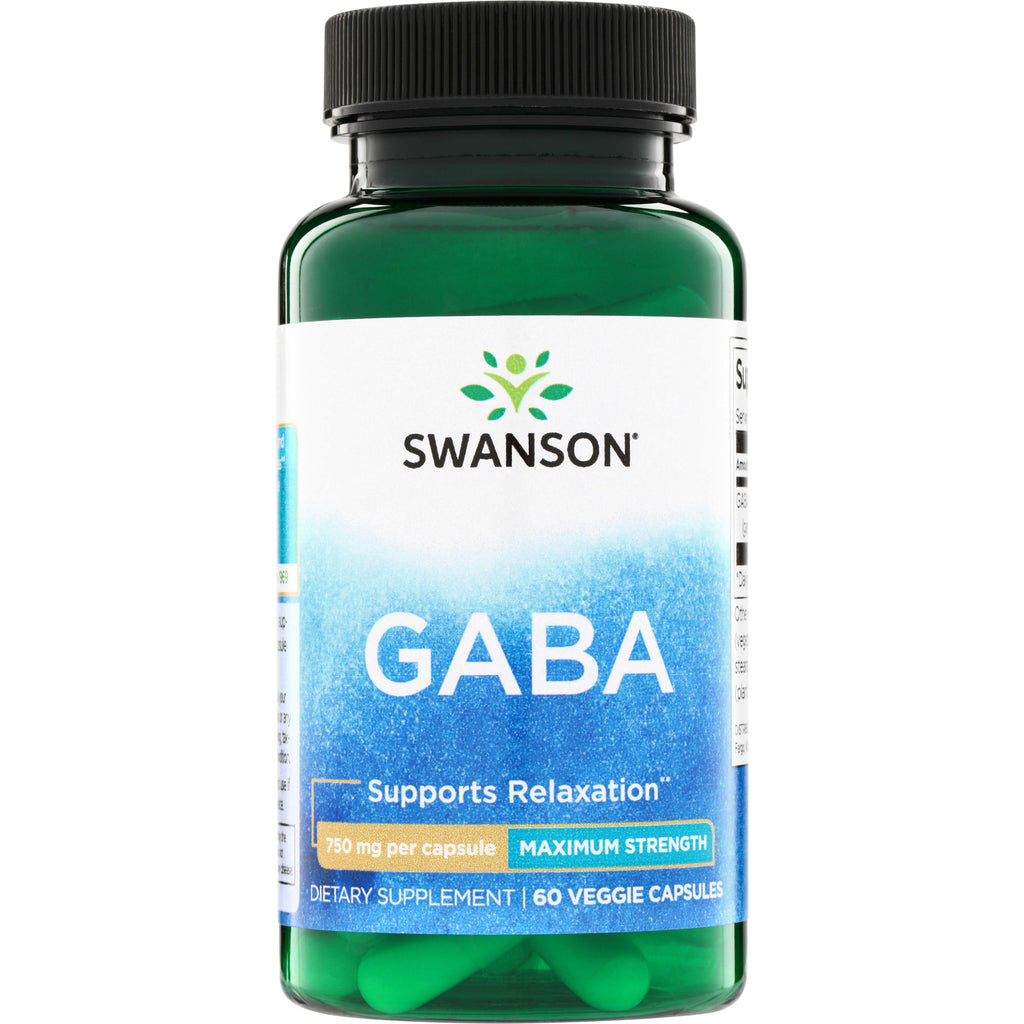 SWU676 | Swanson GABA supplement bottle front, Supports Relaxation, 750 mg per capsule, Maximum Strength, 60 veggie capsules - Thumbnail