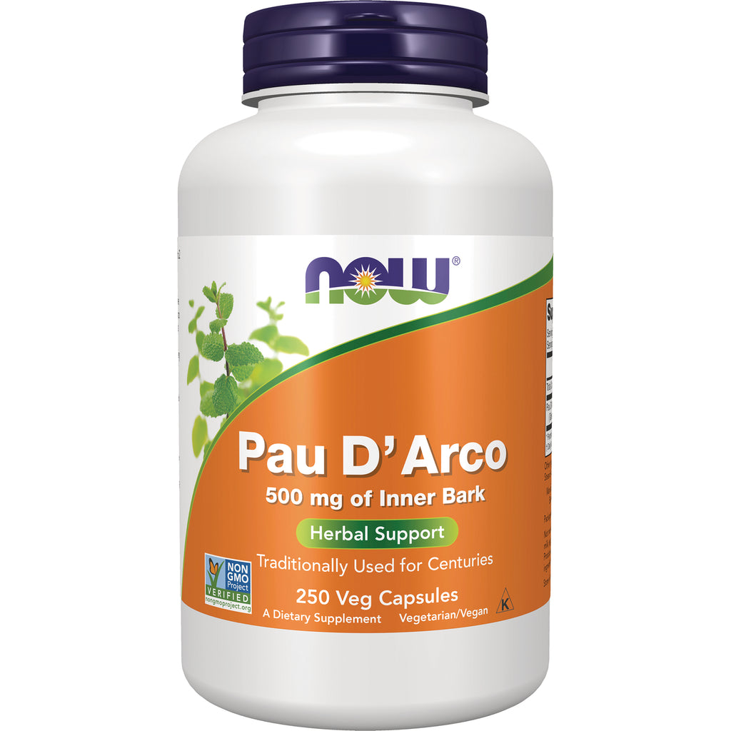 NWF563 | NOW Pau D'Arco 500 mg inner bark herbal support bottle, 250 veg capsules front label - Thumbnail