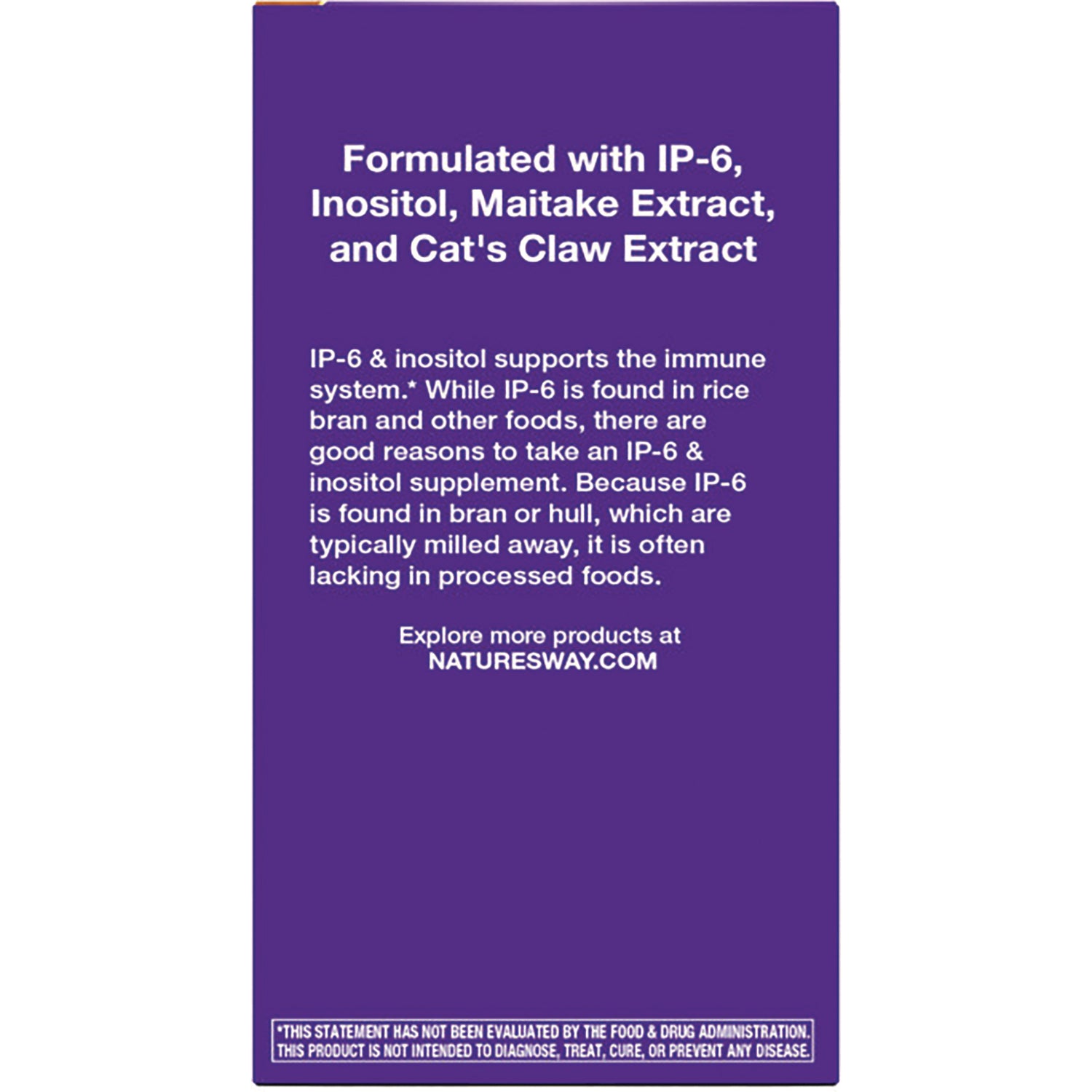 ET263 | Back panel listing IP-6, inositol, maitake extract and Cat's Claw extract with brief product info and NATURESWAY.COM