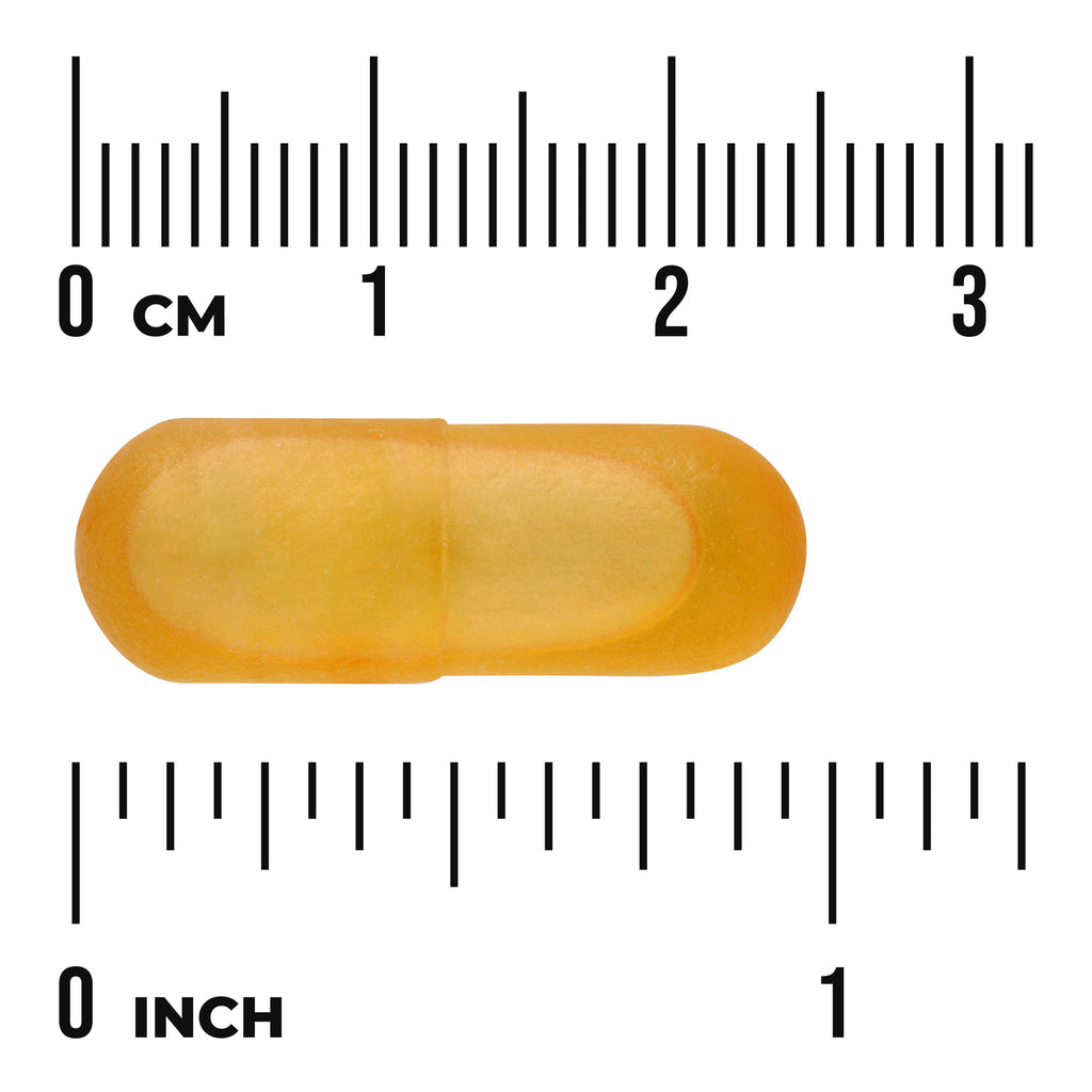 SWE104 | Orange softgel capsule with cm and inch rulers for size reference - Thumbnail