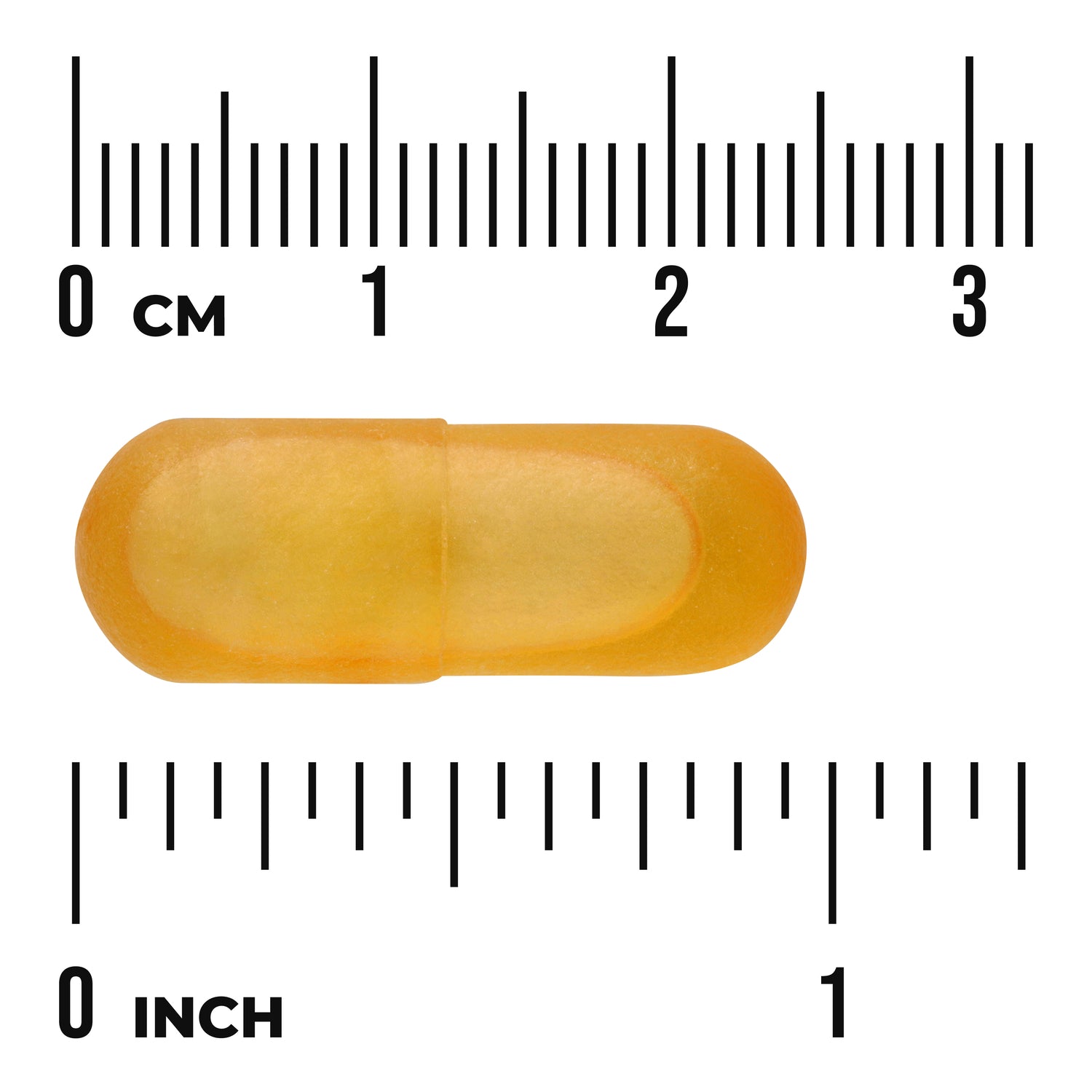 SWE104 | Orange softgel capsule with cm and inch rulers for size reference