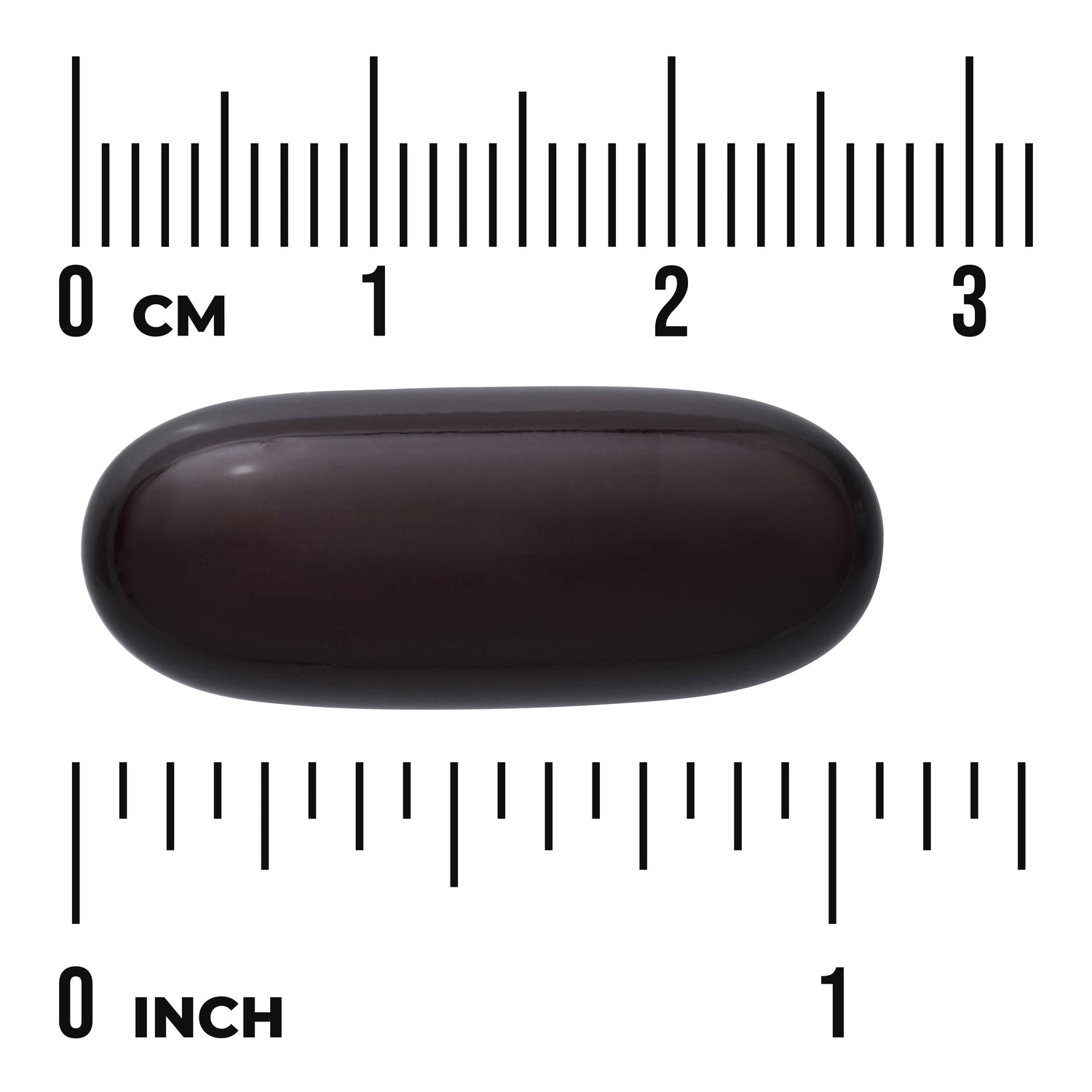 SWU155 | Dark oval softgel with inch and centimeter rulers for size reference