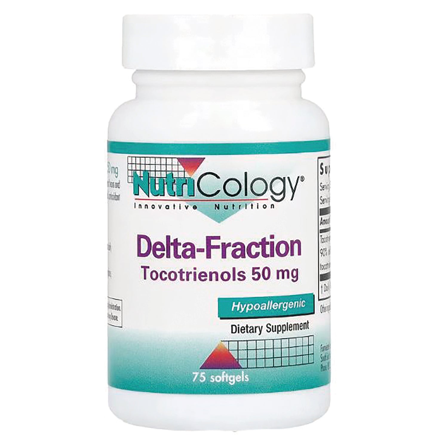 NCL031 | White bottle of NutriCology Delta-Fraction tocotrienols 50 mg dietary supplement, 75 softgels, hypoallergenic